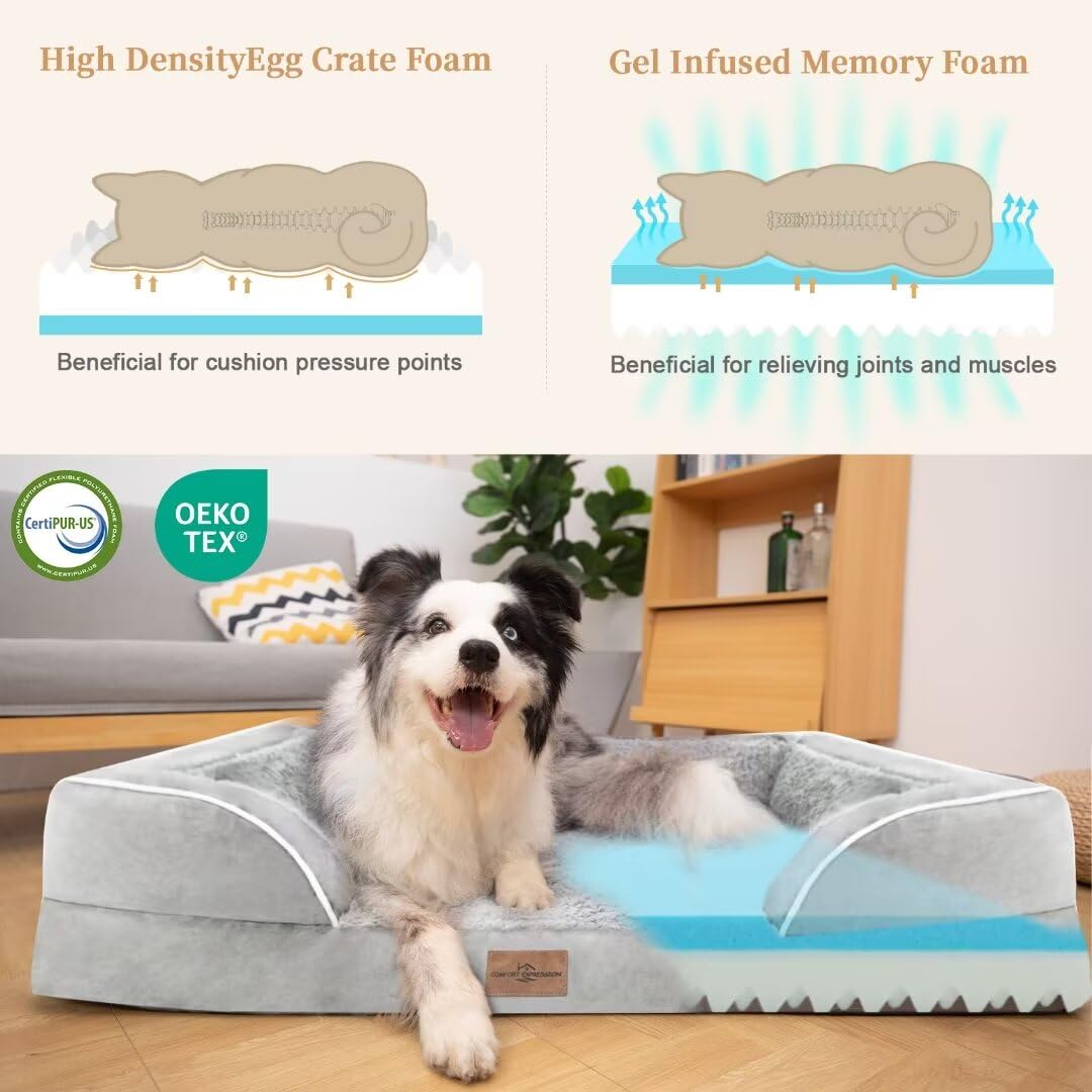 Comfort Expression Orthopedic Memory Foam Dog Bed, Cooling Dog Bed, Waterproof Dog Beds For Large Dogs, Washable Dog Bed With Removable Cover,Pet Bed Dog Sofa With Bolster(Large,Light Grey)