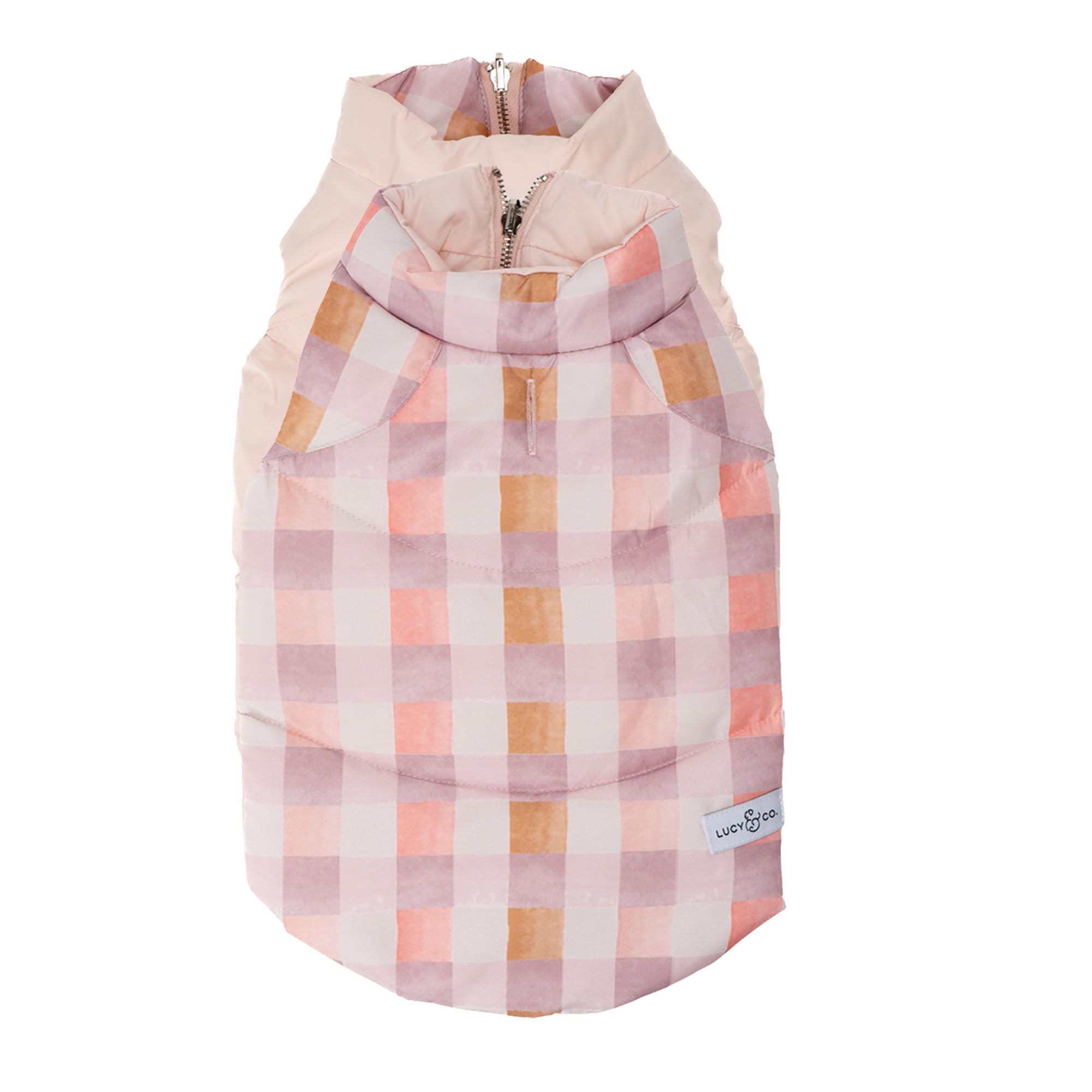 Lucy & Co. The Daisy Delight Reversible Puffer Vest (Pets) For Small Dogs, Medium Dogs And Large Dogs - Large - Pink Purple Tan 