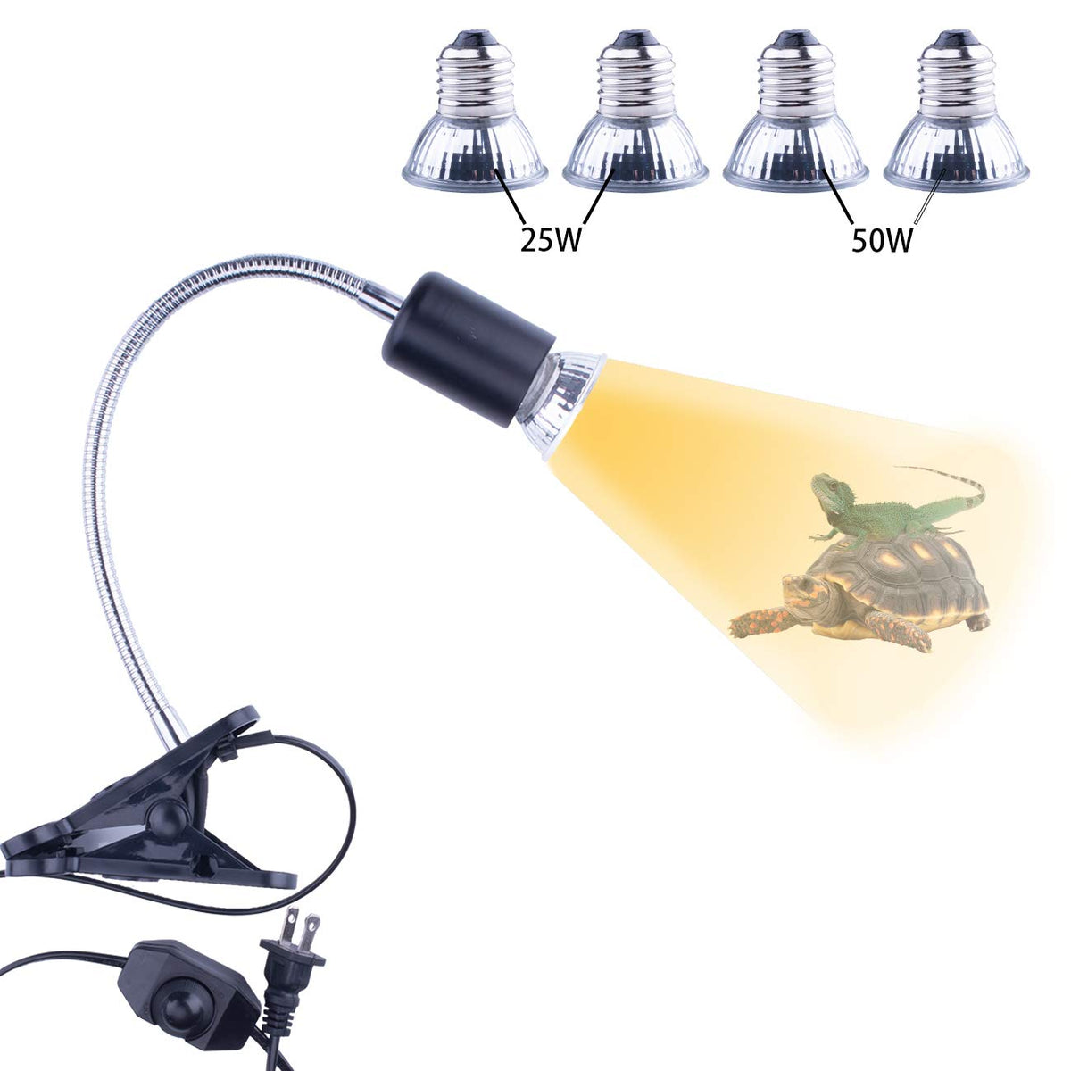 Reptile Heat Lamp, Uvb Bulb, Uvb Reptile Light Fixture, Uva Uvb Reptile Light, Aquatic Turtle Heating Lamp, Turtle Aquarium Tank Heating Lamps Holder & Switch With 4 Heat Bulbs-Black