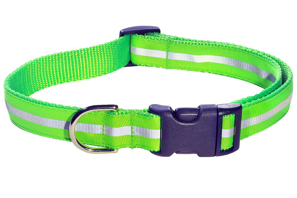 Medium Reflective Green Dog Collar: 3/4 Wide, Adjusts 13-20 - Made in USA.