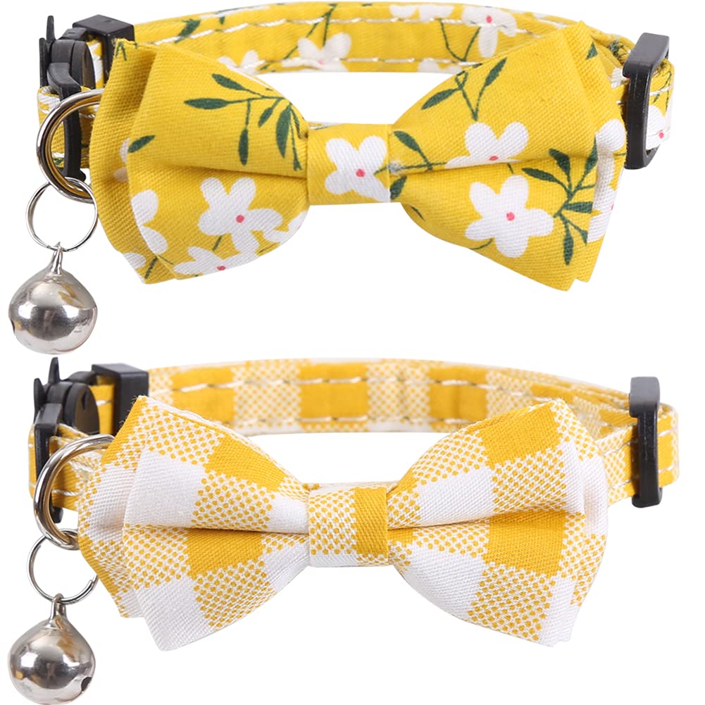 2 Pack/Set Cat Collar Breakaway With Cute Bow Tie And Bell Plaid Flower For Kitty Adjustable Safety