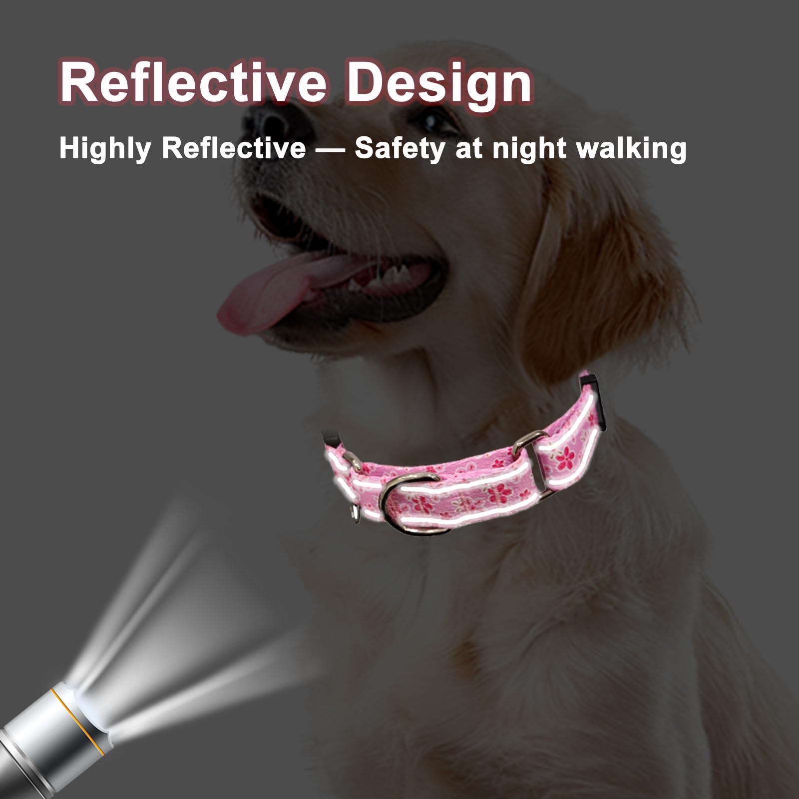 Fidohug Reflective Martingale Collar For Dogs With Quick Release Buckle Cute Girl Female Flower Dog Collars (Pink Floral, Large)