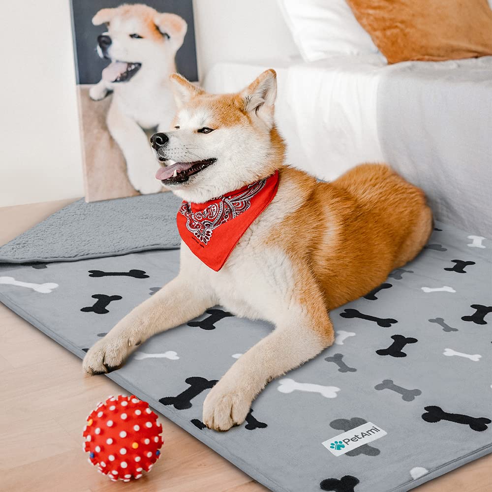 Petami Waterproof Dog Blanket For Small Medium Dogs, Pee Proof Pet Blanket Sherpa Fleece Couch Cover, Reversible Cat Throw Bed Sofa Protector, Soft Plush Washable Pad (Small 24X32, Bone Print Gray)