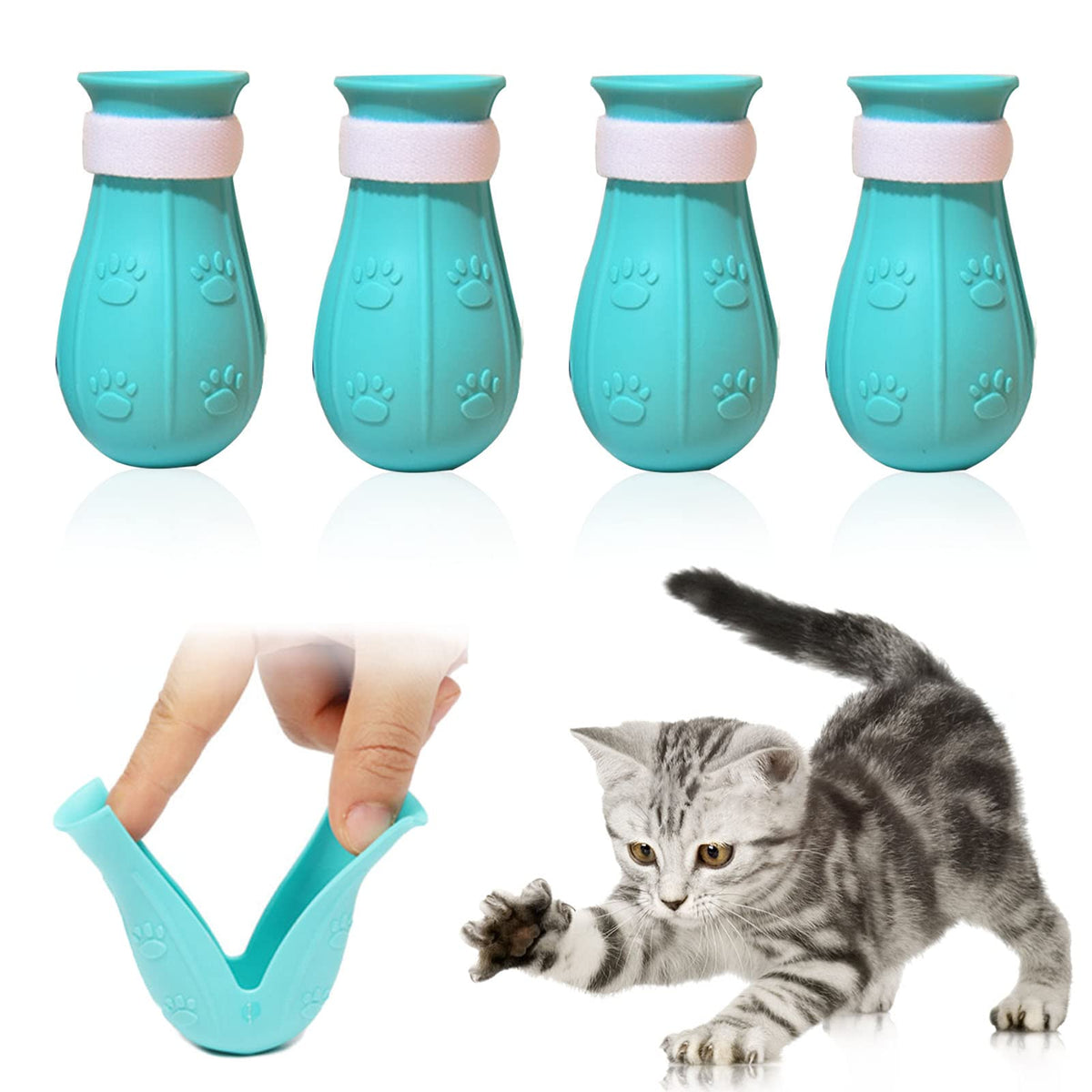 Almda Cat Anti-Scratch Shoes 4 Pack, Pet Supplies Cat Scratch Deterrent Booties, Grooming Cat Accessories Silicone Nail Gloves, Adjustable Cat Claw Cover For Bathing Shaving Checking Treatment (Blue)