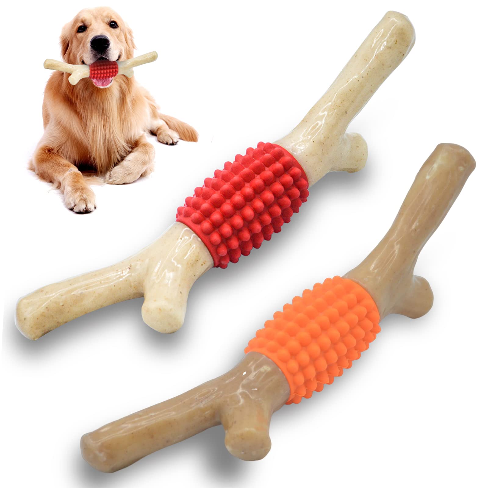 SCHITEC Dog Chew Toy for Aggressive Chewers, Tough Big Nylon & Rubber Teething Stick with Real Bacon Maple Wood Flavor for Large