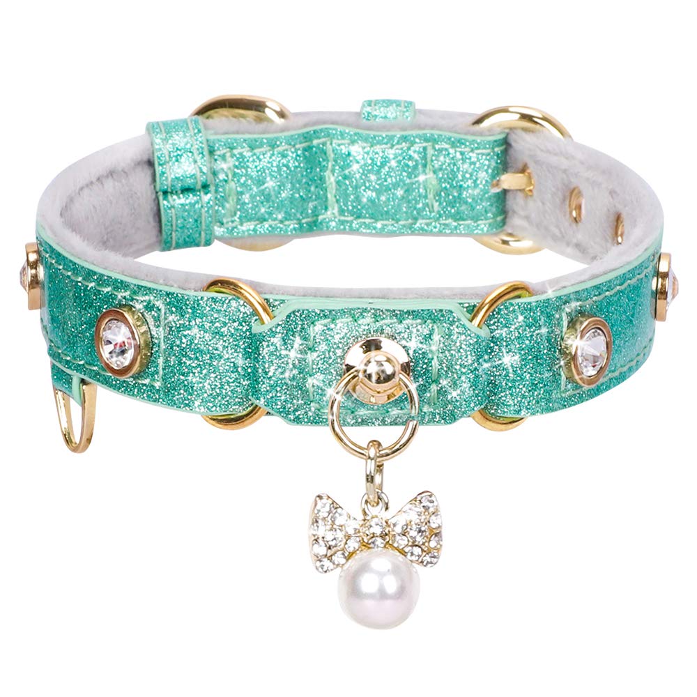 Petshome Cat Collar, Dog Collar, [Bling Rhinestones] Pu Leather Adjustable Pet Collar With Luxury Pendant For Big Cat And Small To Medium Dog Small Mint Green