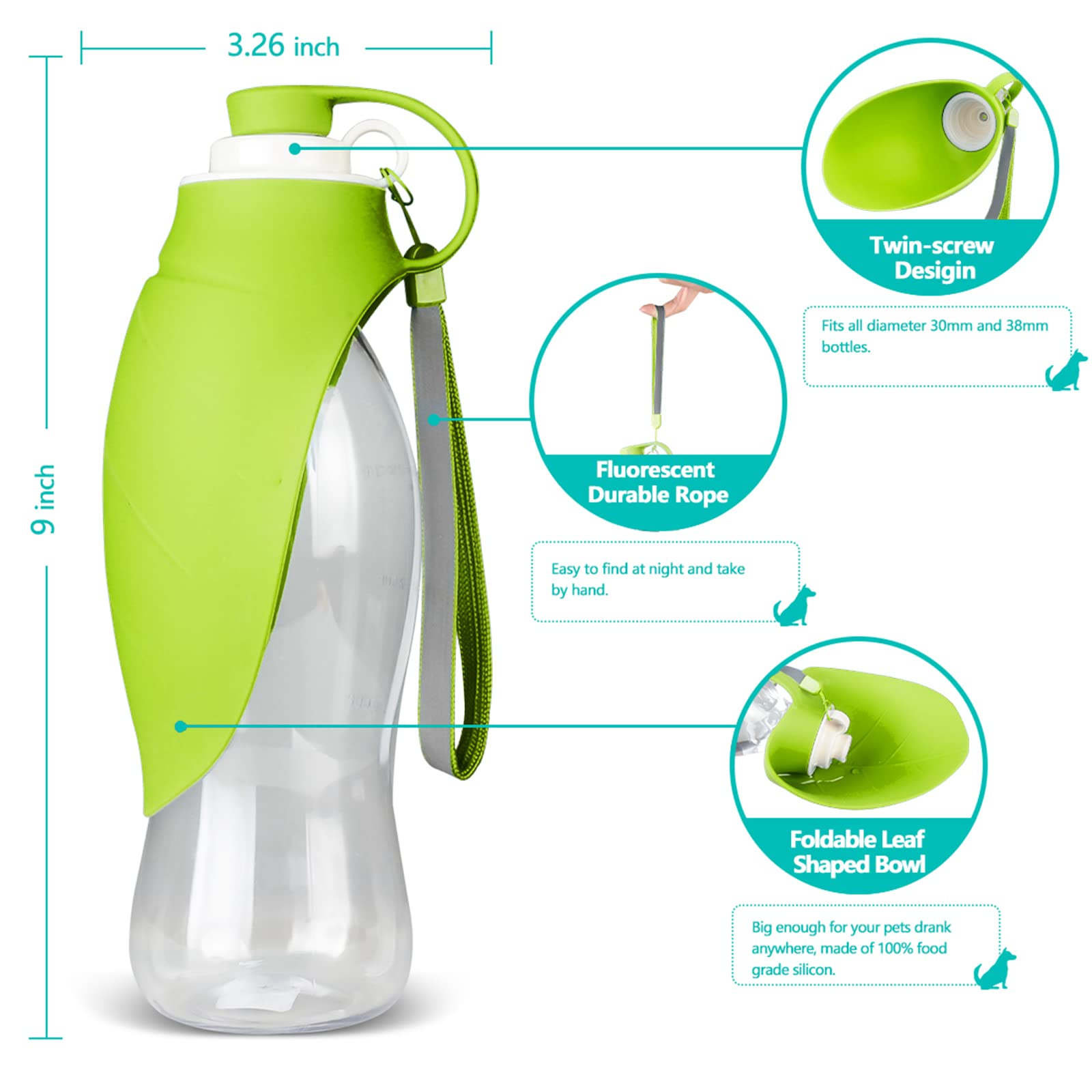 Tiovery Dog Water Bottle, Portable Pet Water Dispenser Feeder Leak Proof With Drinking Cup Dish Bowl For Outdoor Walking, Hiking, Travel, 20Oz Water Bottle Fit For Small To Large Dogs And Cats Green