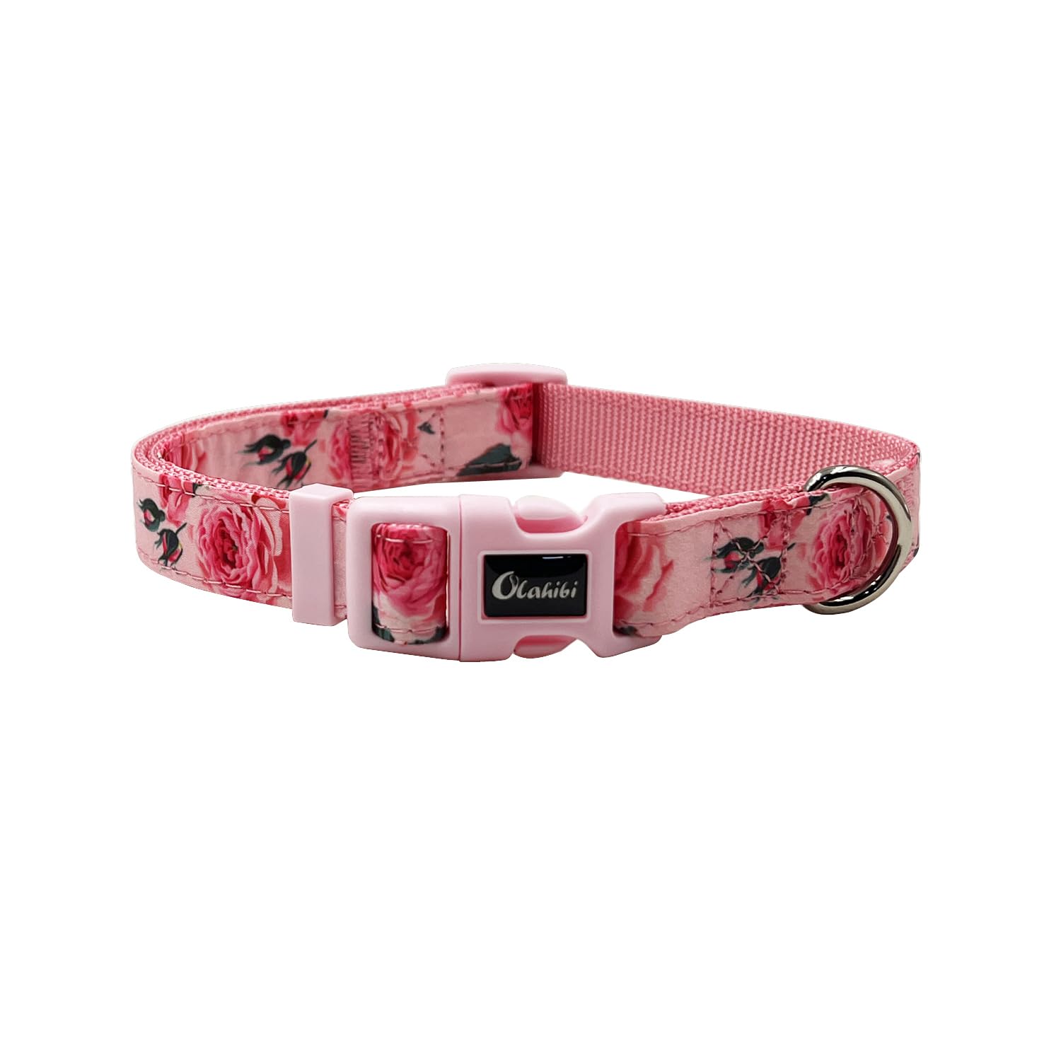Olahibi Dog Collar Leash Set, Floral Pattern, Nylon Webbing Plus Cotton Ribbon, 5Ft Matching Leash, For Medium Dogs.(M, Pink Ros