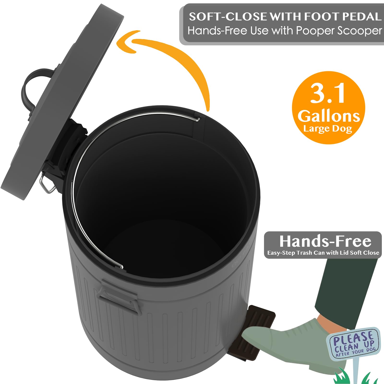 PAWZIDEA 3.1 Gallon Dog Poop Trash Can - Outdoor Odor Control, Waterproof, Grey, with Lid - Large Dog Waste Bin for Backyard