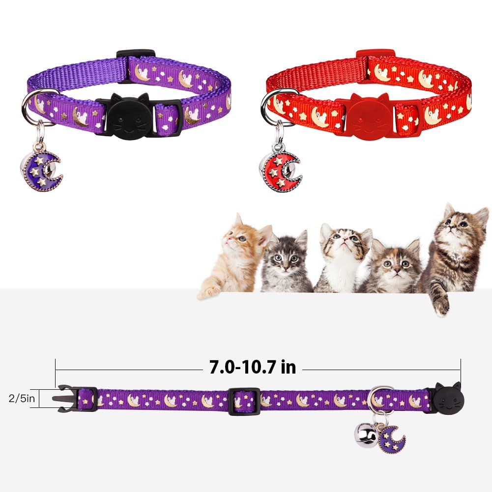 2Pcs Breakaway Cats Collars Cat Collars For Boy & Girl Cats Adjustable Kitten Collars With Bell,Purple+Scarlet