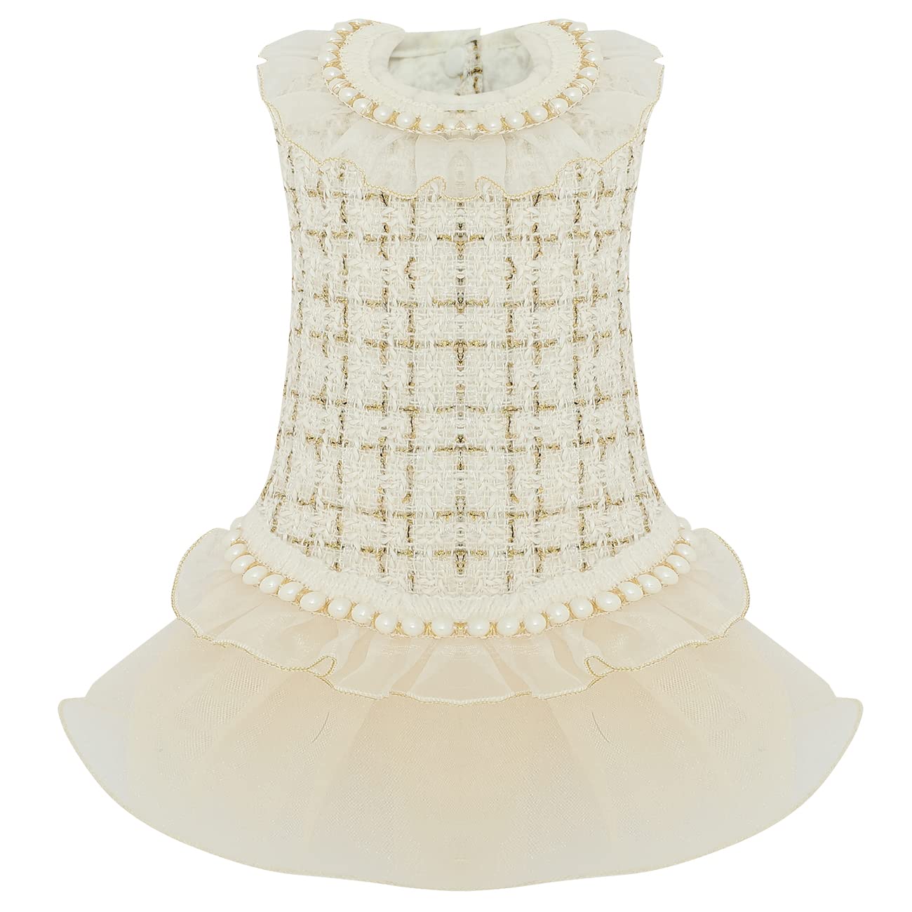 Dog Plaid Dress Lace Tulle Tutu Princess Skirt With Pearls Accessory For Small Girl Dogs Christmas Holiday Wedding Birthday Party (White, S)