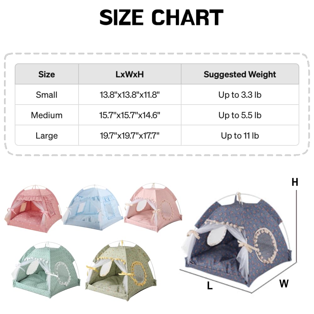 Cat Bed Tents Dog House Indoor Outdoor Lace Mesh Breathable Windows Door Curtains Removable Portable Nest Teepe House (Large,Blu