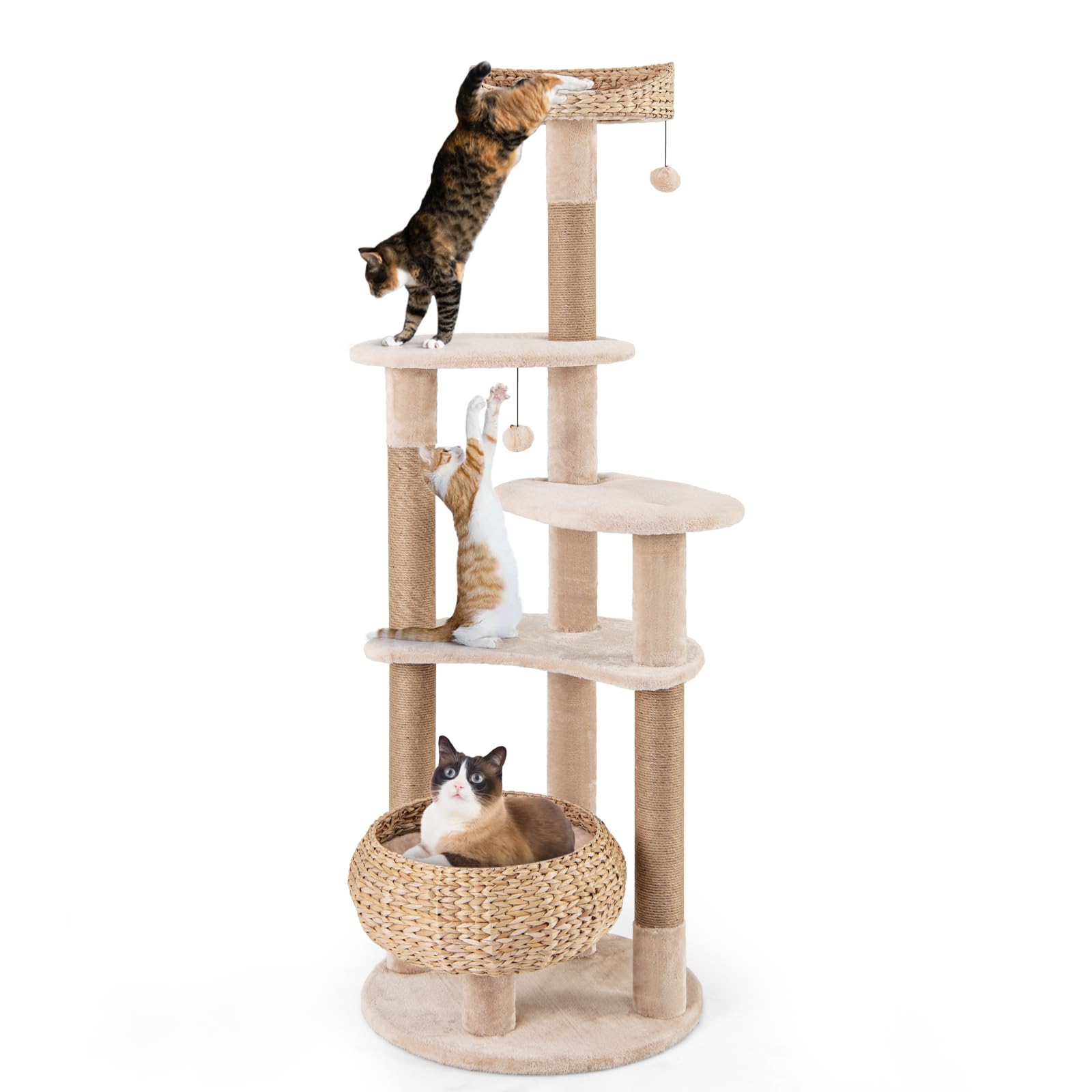 Petsite 65 Inch Cattail Cat Tree Tower, Multi-Level Cat Tower With Natural Jute Scratching Posts, Cat Bed, Top Perch, Dangling B
