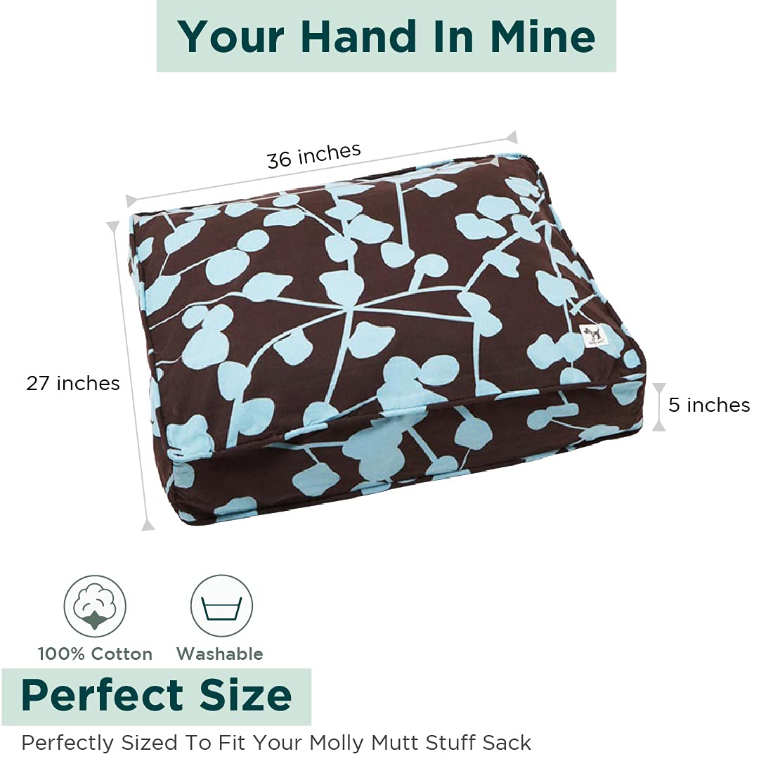 Molly Mutt Medium To Large Dog Bed Cover - Your Hand In Mine Print - Measures 27”X36”X5’’ - 100% Cotton - Durable - Breathable - Sustainable - Machine Washable Dog Bed Cover