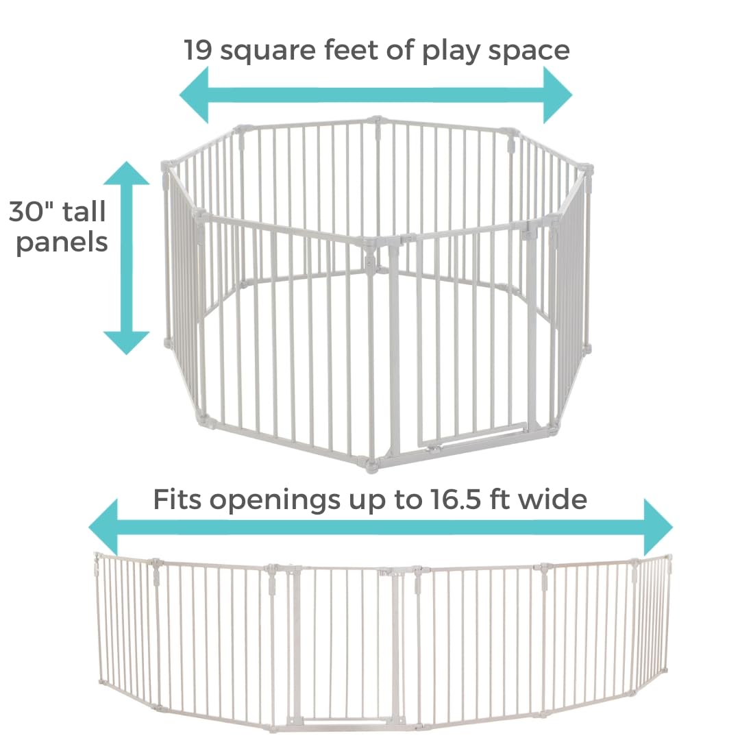 Toddleroo By North States 3 In 1 Metal Superyard 8 Panel Play Yard, Baby Gate, Playpen Or Extra Wide Baby Fence, 199' Wide. Wall Mount Kit Included. 19 Sq Ft Play Yard (30' Tall, Taupe)
