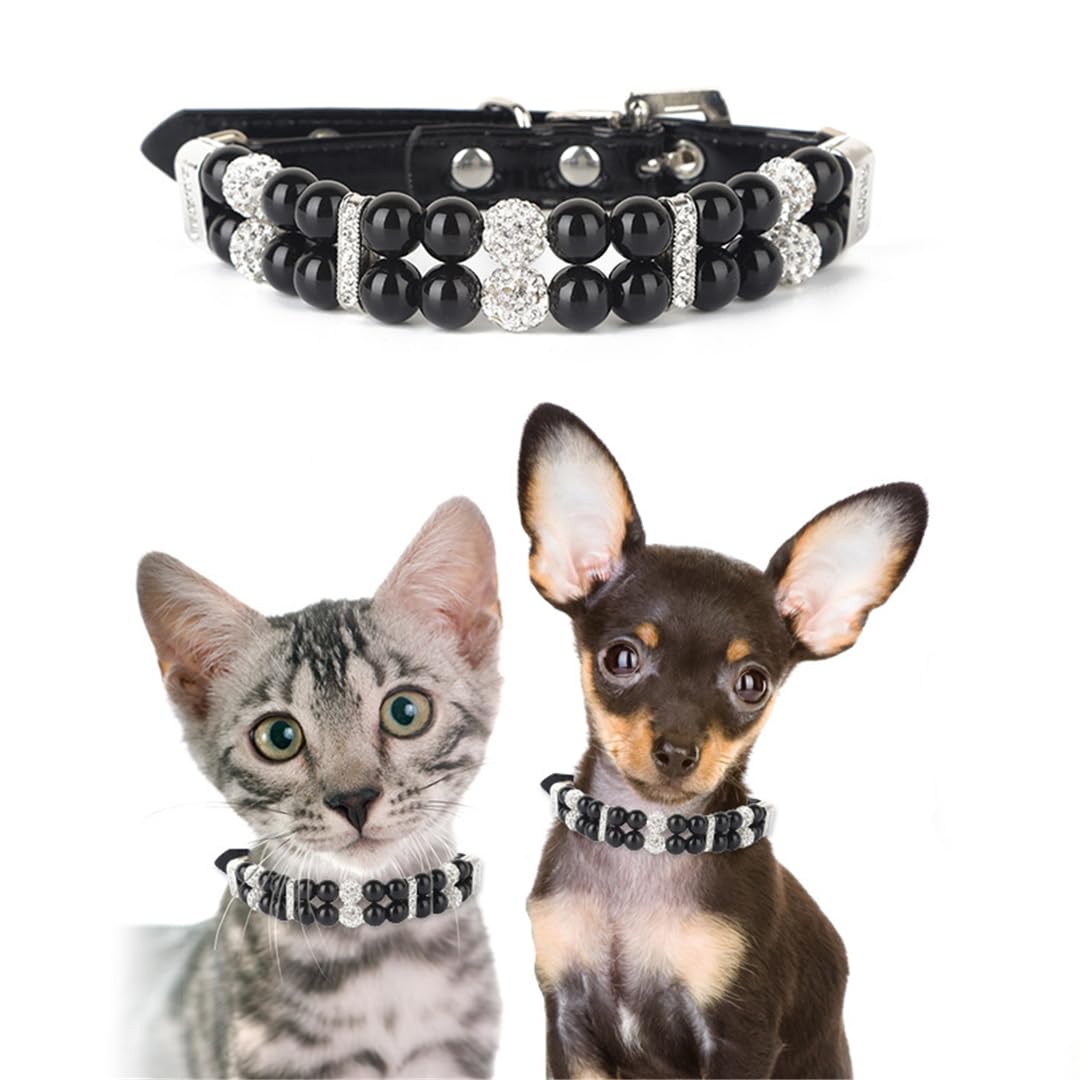 Black Pearl Small Dog Collar, Pearl Cat Collar Pu Leather Male Dogs Necklace With Crystal Diamond Rhinestone Jewlled For Puppy Kitten Xs Small Medium Dogs Wedding & Birthday Gift S