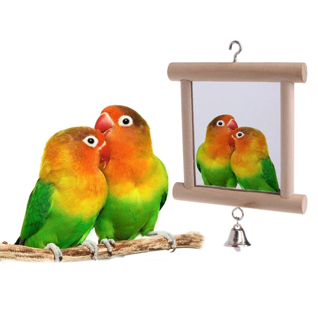 Bird Mirror Wooden Hanging Swing Interactive Play Toys For Small Parrot Budgies Macaw African Grey Parakeet Cockatiel Conure Lovebird Cage Accessories (Bird Mirror With Bell-2 Pcs)