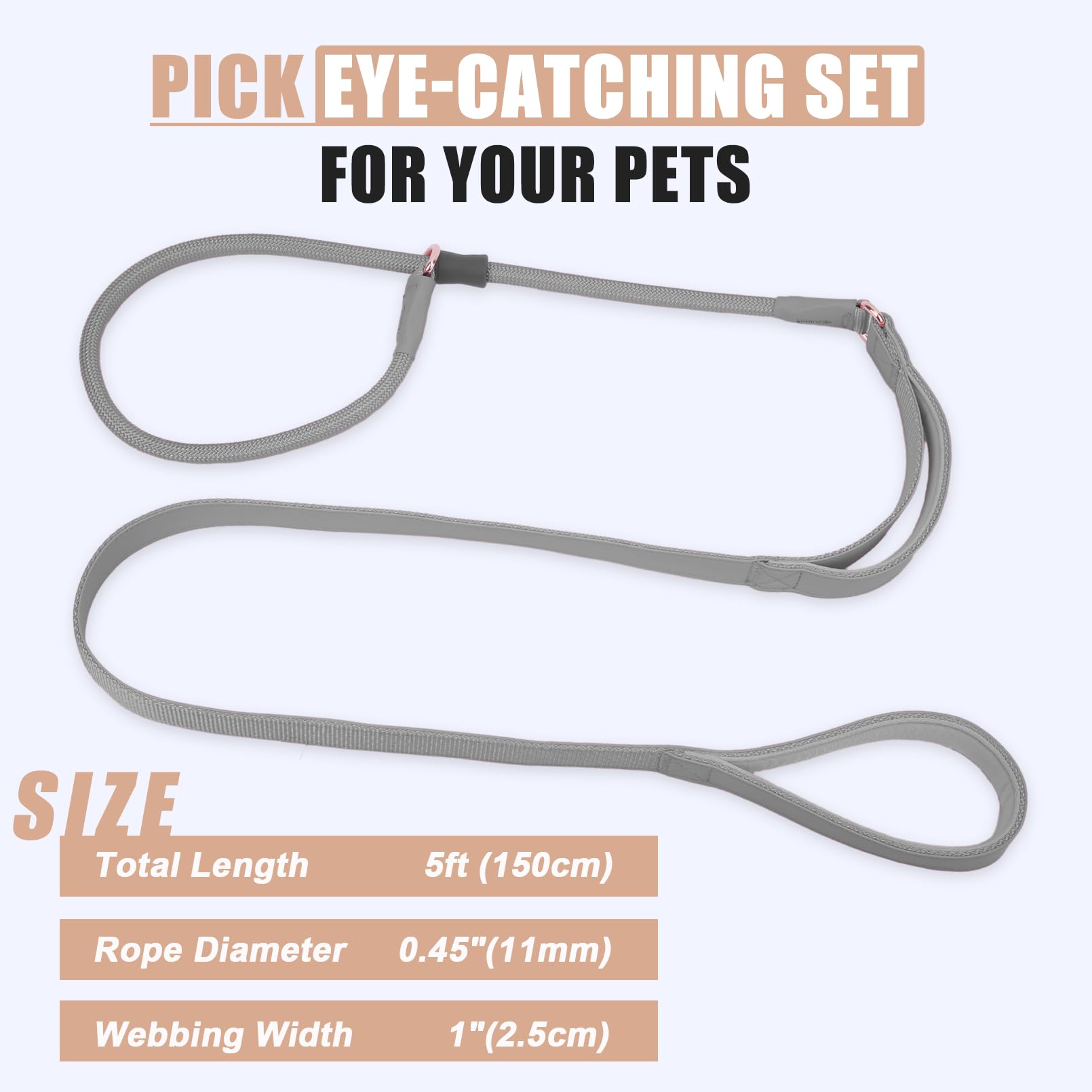 Aaufilux Slip Lead Dog Leash, Double Handle, Soft Leather, Heavy Duty Nylon, No Pull Walking, Grey, 5Ft