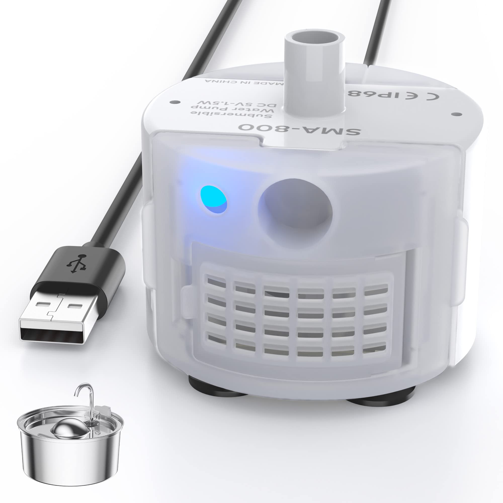 New Upgrade Water Pump For Cat Water Fountain, Qiuoio Water Pump For Stainless Steel Cat Fountains, Extremely Quiet (=30Db), Low Power Consumption (1.5W), Built-In Led Light, Suitable For S3