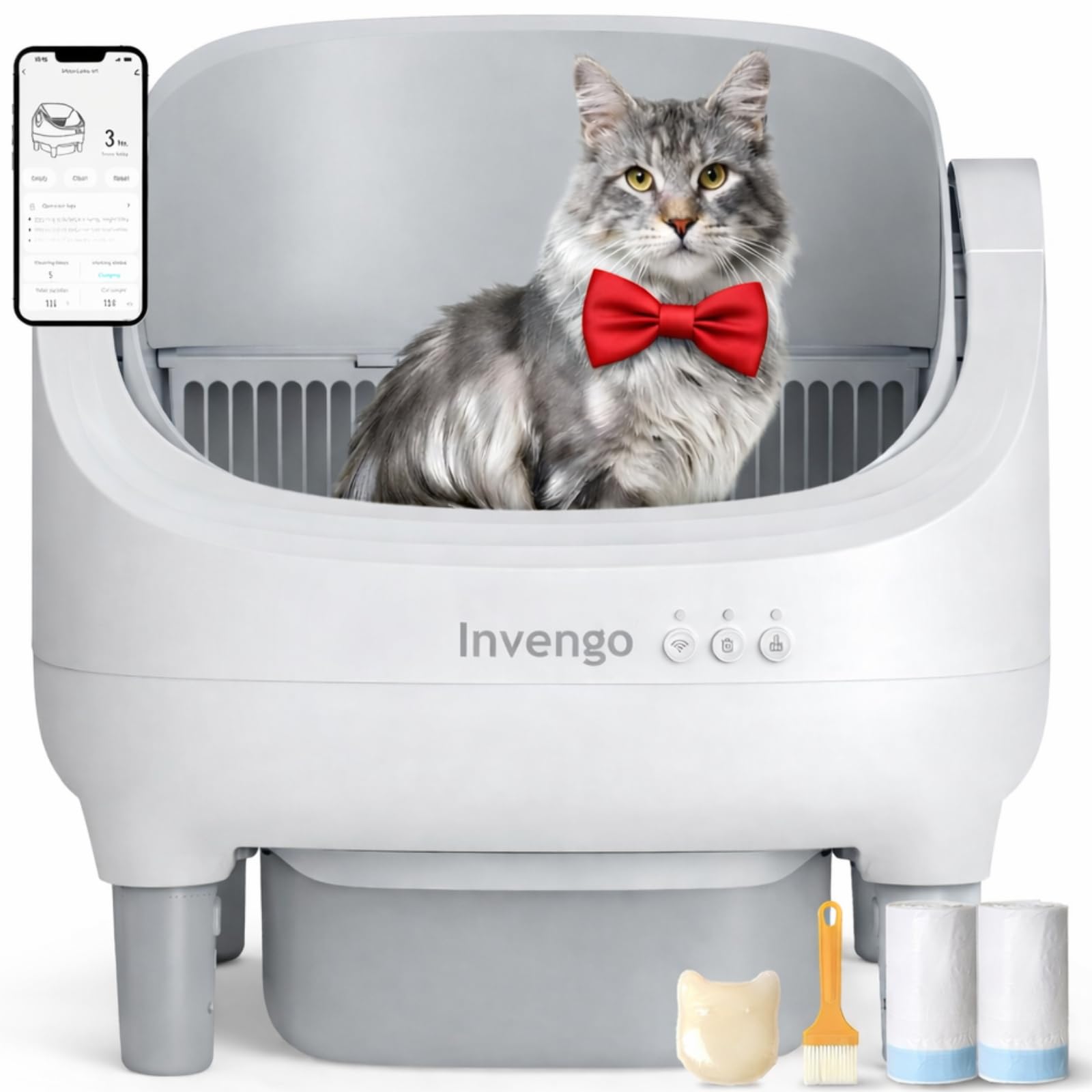 Invengo Automatic Cat Litter Box Self Cleaning, App Control, Open-Top Automatic Litter Box with Safety Sensors, Ultra-Quiet, 10L