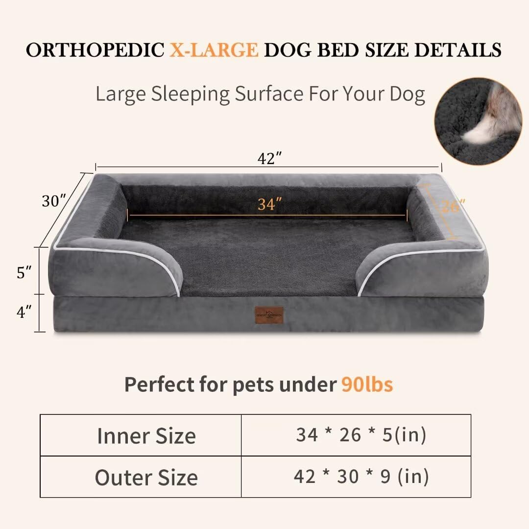 Comfort Expression Xl Dog Bed With Bolster, Waterproof Orthopedic Foam Dog Beds For Extra Large Dogs, Washable Dogs Sofa Pet Bed