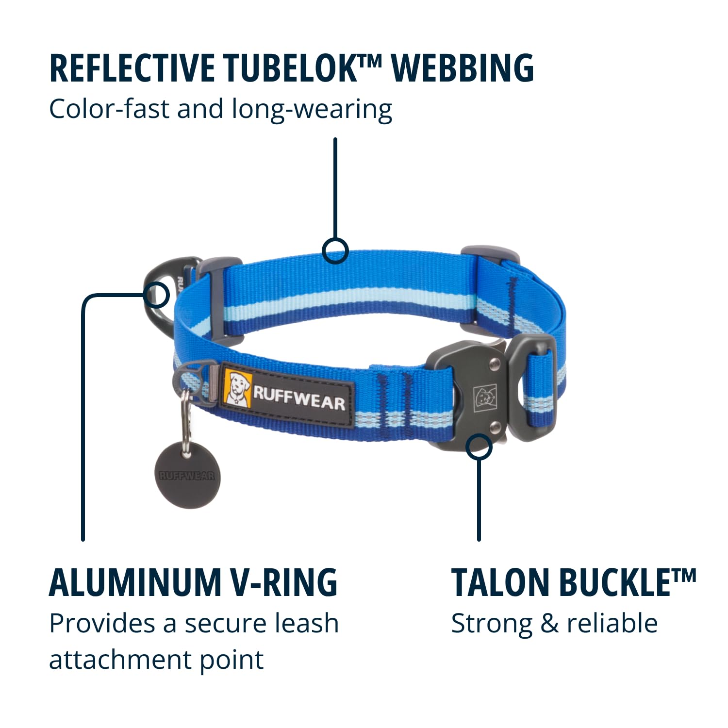 Ruffwear, Top Rope Dog Collar, Reflective Metal Buckle Dog Collar for Everyday Use, Blue Pool, 20-26