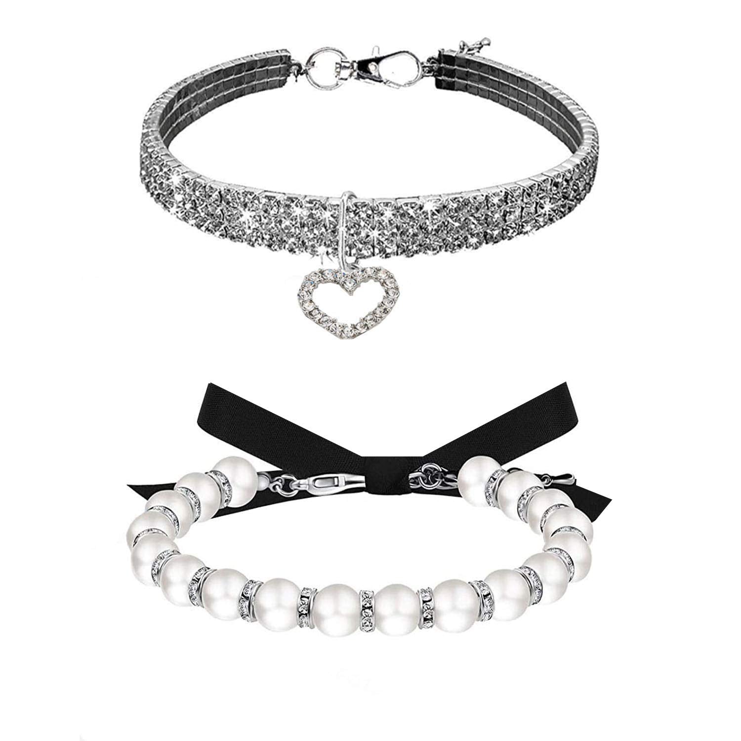 WoYous Rhinestones Dog Collar and Pearl Dog Necklace Set, Adjustable Neck Strap Bling Full Diamond Crystal Cute Pearl Dog Collar