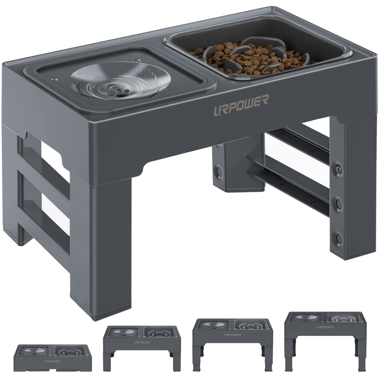 URPOWER 2-in-1 Elevated Slow Feeder Dog Bowls with No Spill Dog Water Bowl Dispenser 4 Height Adjustable Raised Dog Bowl Non-Sli