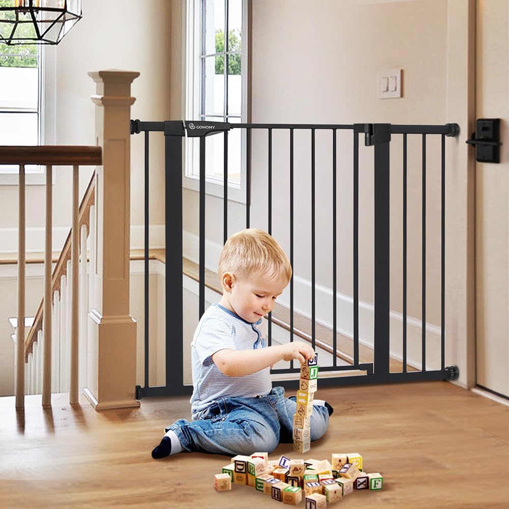 Comomy 30' Tall Baby Gate For Stairs Doorways, Fits Openings 29.5' To 43.3' Wide, Auto Close Extra Wide Dog Gate For House, Pressure Mounted Easy Walk Through Pet Gate With Door, Black