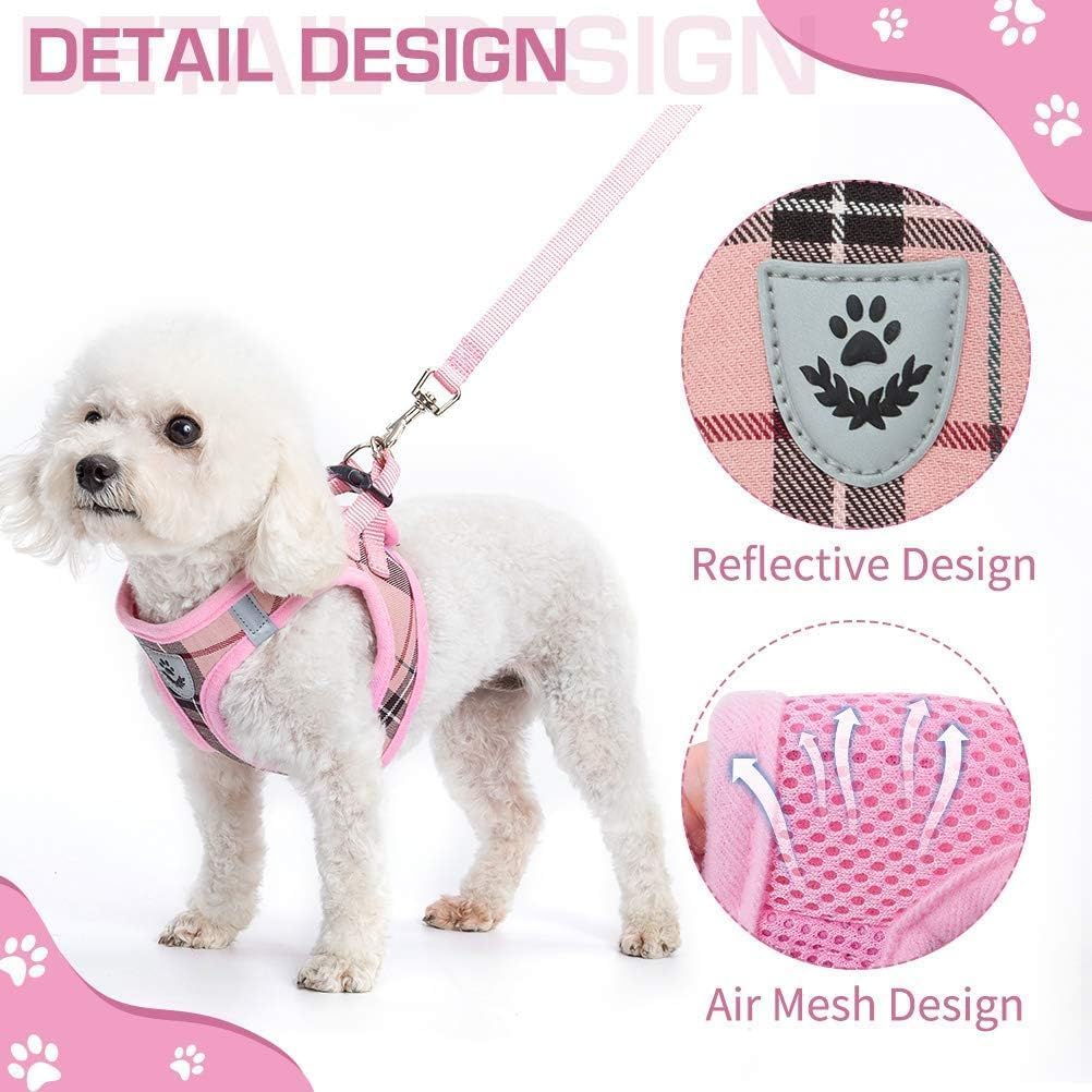 KOOLTAIL Small Dog Harness and Lead Set, Soft Mesh Plaid Puppy Harness with Safety Buckle, Adjustable & Comfortable Padded Refle