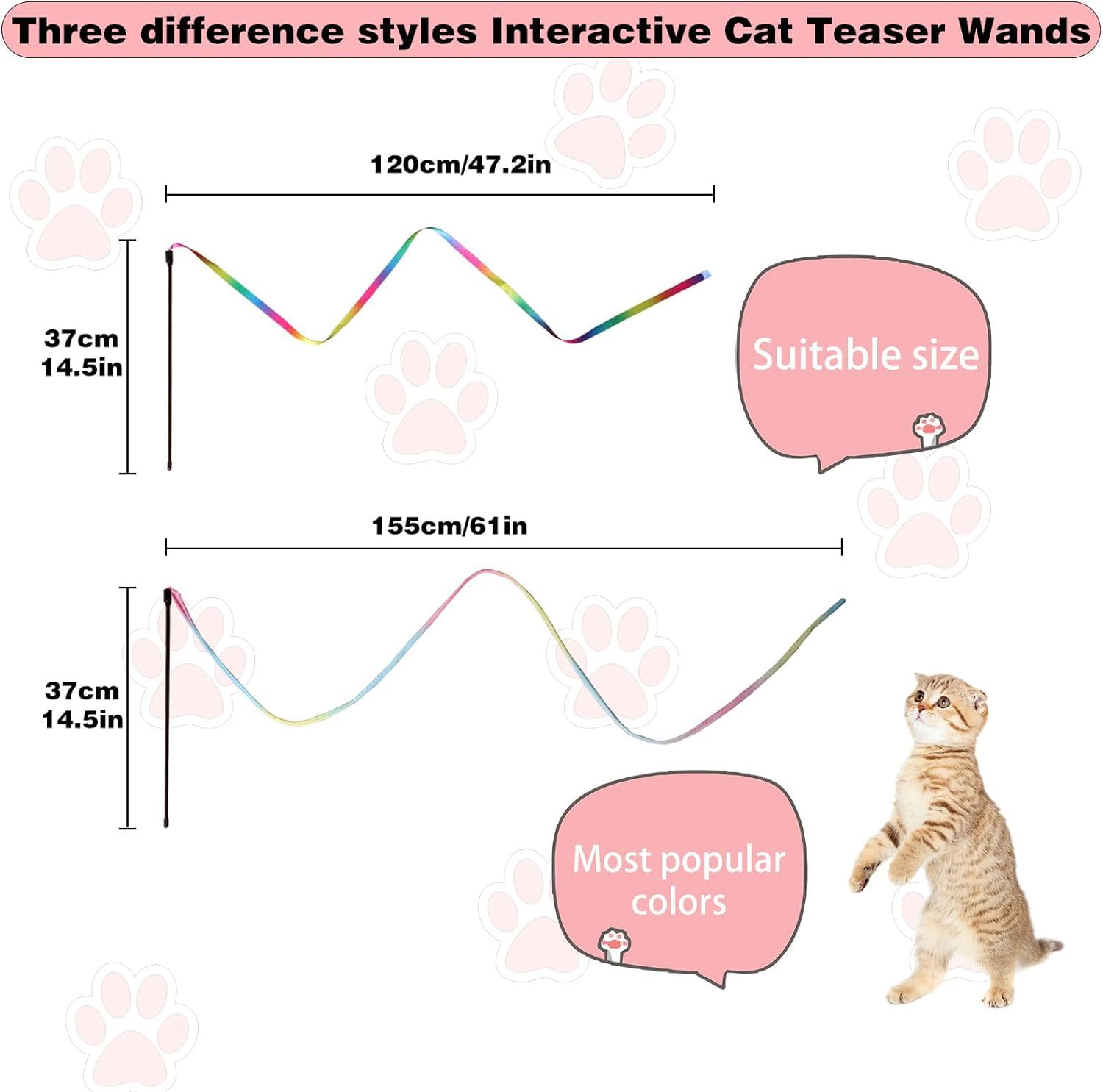 M JJYPET Cat Wand Toys - 2Pcs Interactive Rainbow Teaser Wand for Indoor Cats, Exercise Kitten Stick, Colorful Charmer Rope Toy