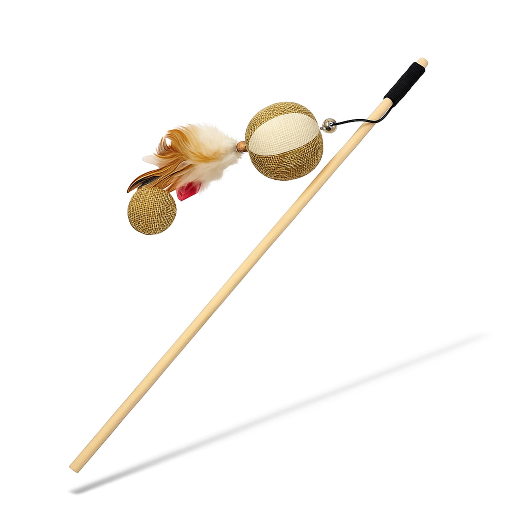 Shopmefast Interactive Cat Wand Toy With Natural Feathers And Bell, Retractable Teaser With Burlap Ball, 40Cm Stick With 24Cm To