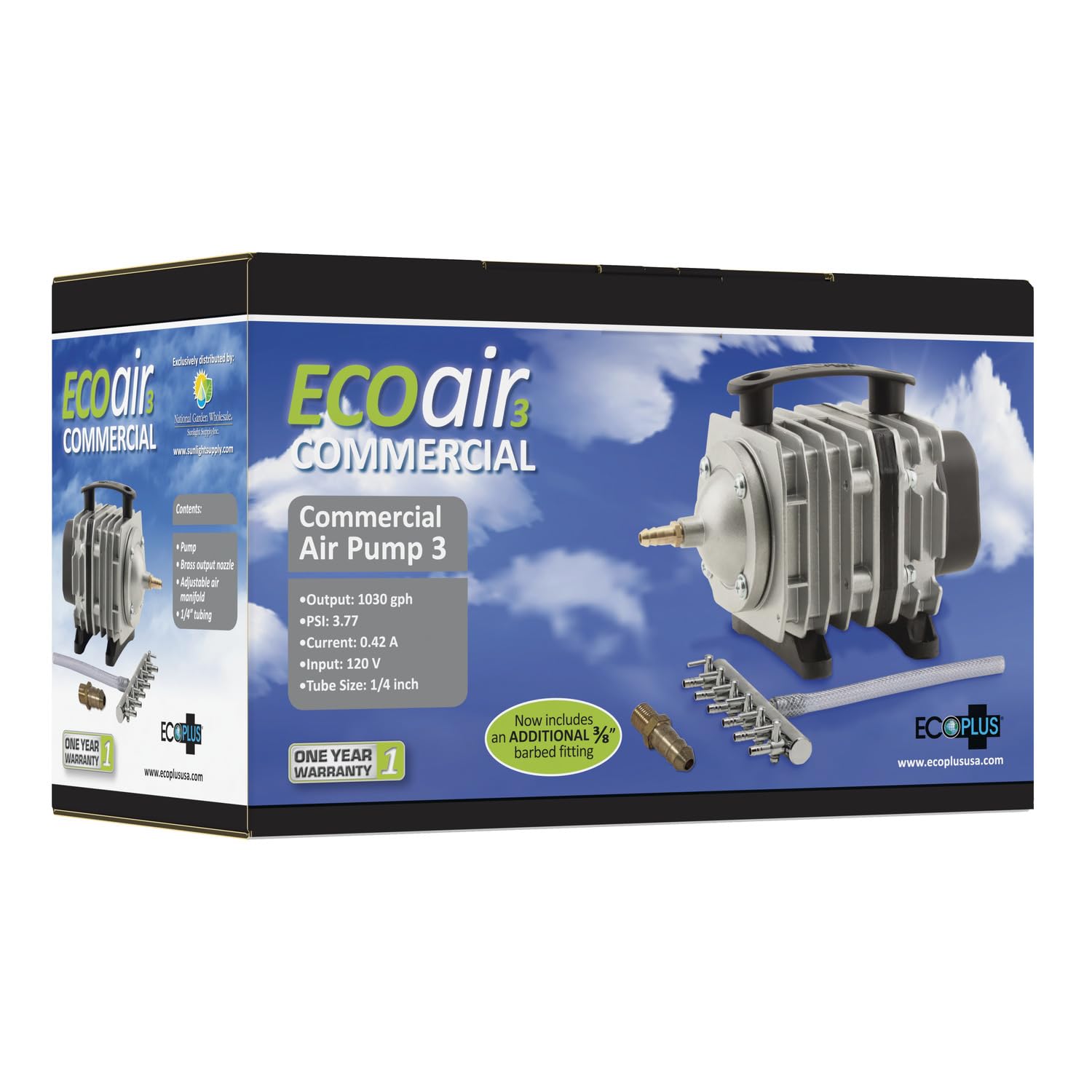 Ecoplus Ecoair3 Commercial Grade Air Pump 1030 Gph - 35 Watt Single Outlet