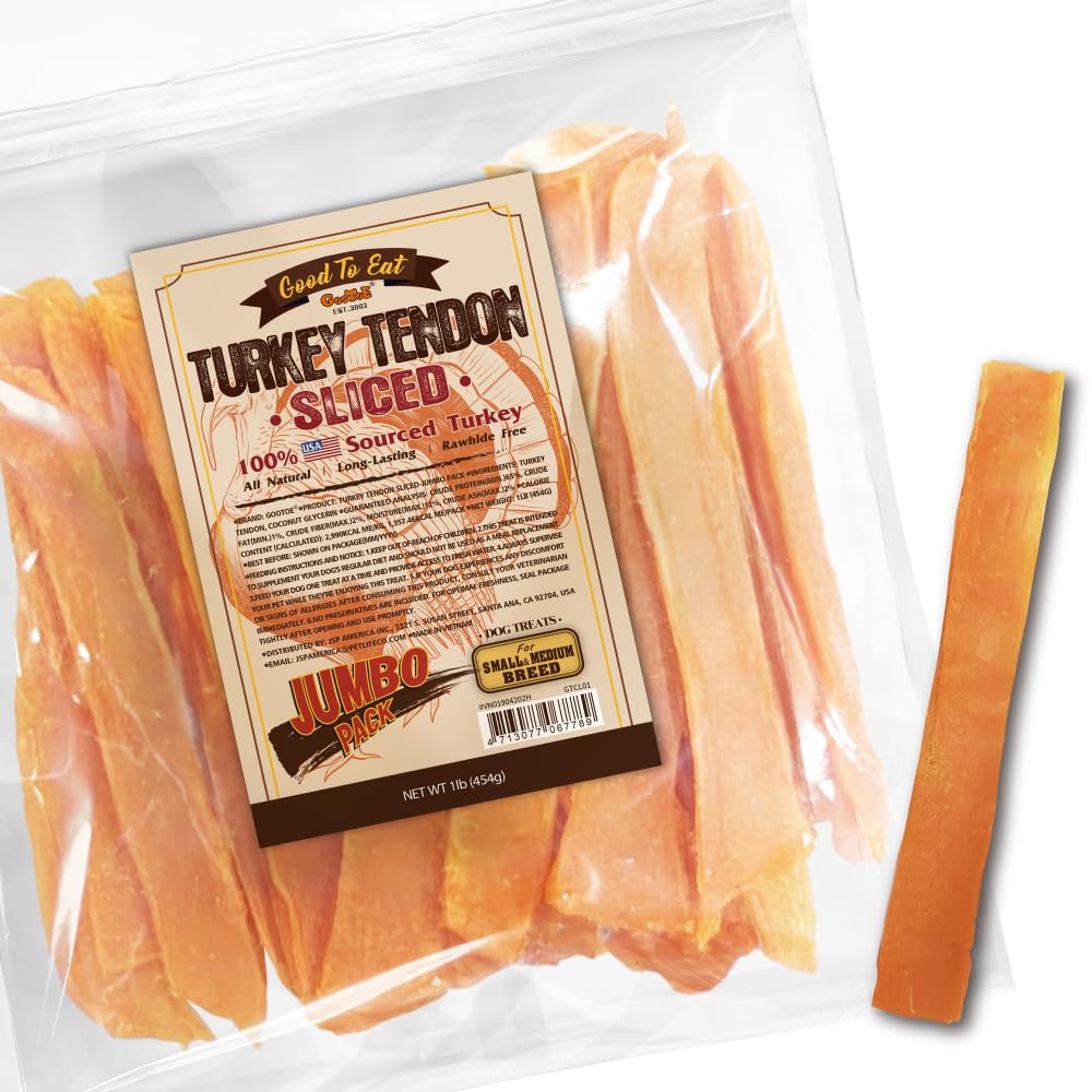 Gootoe Turkey Tendon Dog Treats, Sliced (M) 1 lb, 100% USA-Sourced Turkey, Natural Snack, Premium Puppy Chews, Hypoallergenic, R