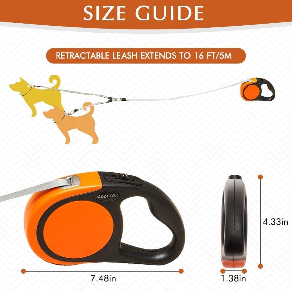 Kooltail Dual Retractable Dog Leash For Two Dogs Up To 110 Lbs, Heavy Duty Double Headed 16 Ft Flexi Extendable 360?Tangle-Free One Button&Lock Brake Dog Leash For Small Medium Large Dogs Puppyorange