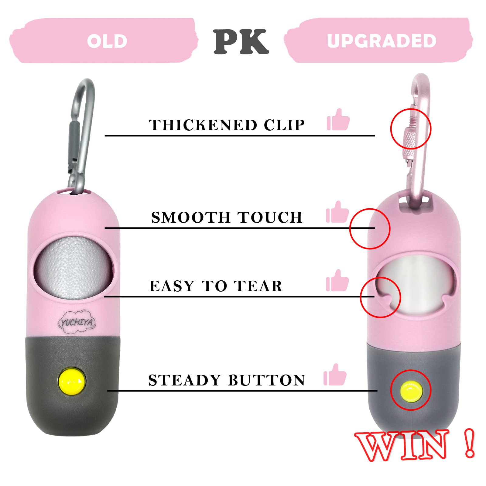 Yuchiya Dog Poop Bag Dispenser With Flashlight|Dog Poop Bag Holder With Leash Clip|Hands-Free Leash Poop Bag Holder With Straps And 1 Roll Dog Waste Bags (Pink)