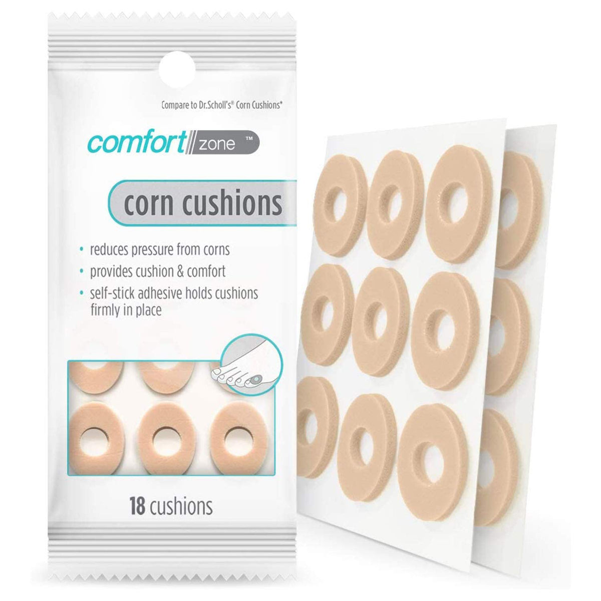 Comfort Zone Corn Cushions, Self-Stick Adhesive Cushions To Pad And Reduce Pressure From Corns, 18 Count