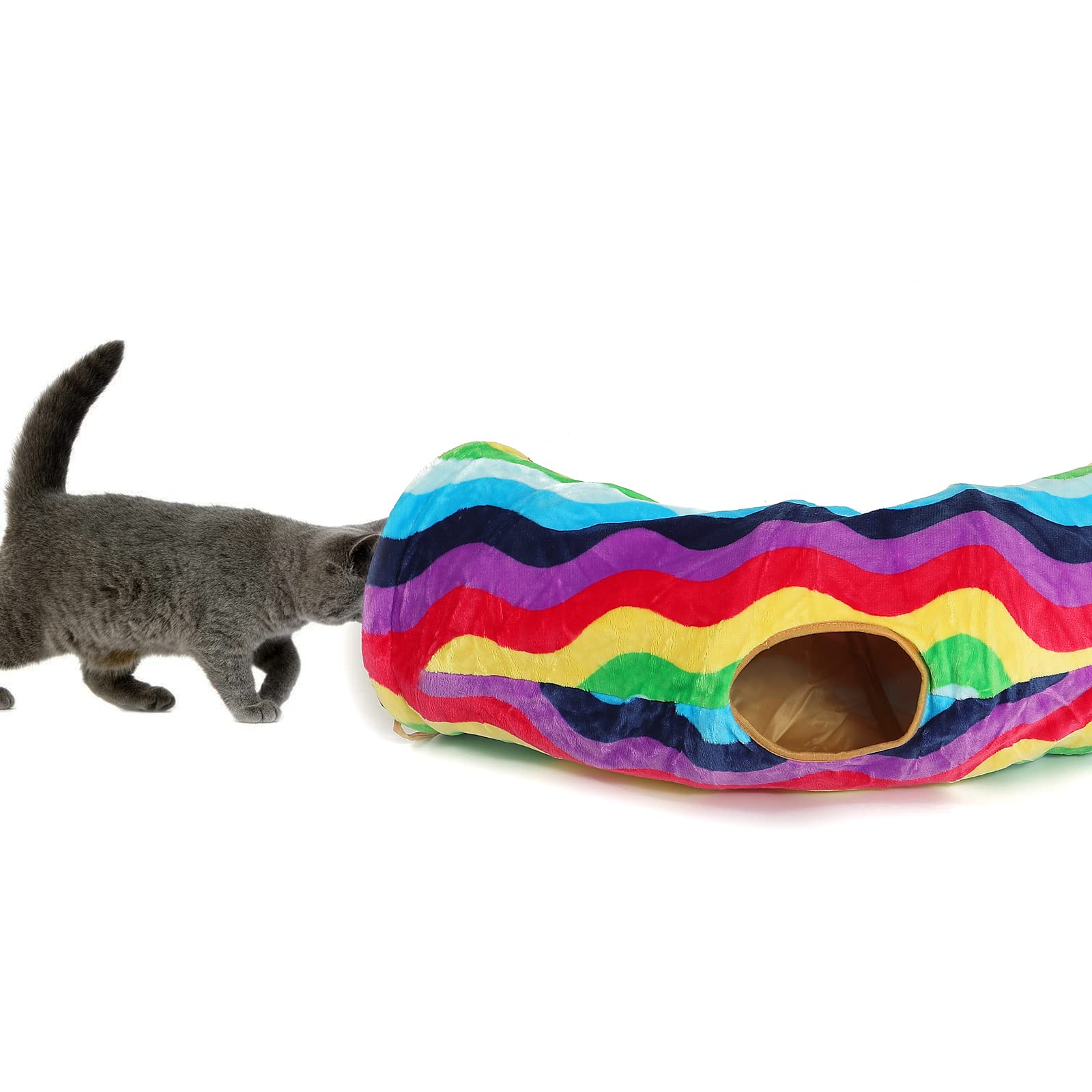 Luckitty Cat Tunnel - S-Shaped, Rainbow Wave Color, Soft Velvet Exterior, Oxford Fabric Fog-Proof Interior, Plush Toy Ball, Easi