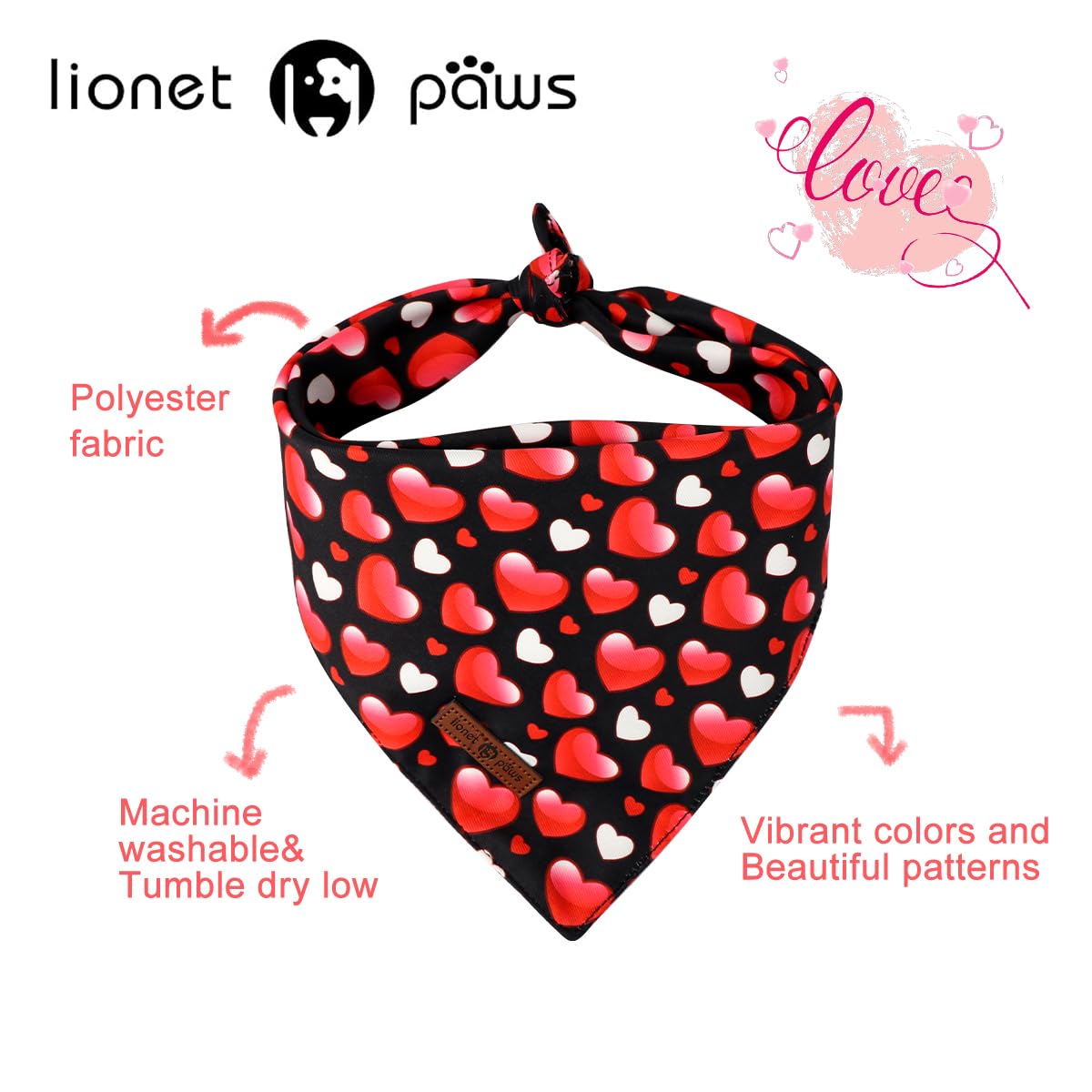 Lionet Paws Valentine'S 2Pcs Dog Bandanas, Black Heart & Colorful Heart Dog Scarf Bib Premium Fabric, Happy Valentine Love Banda