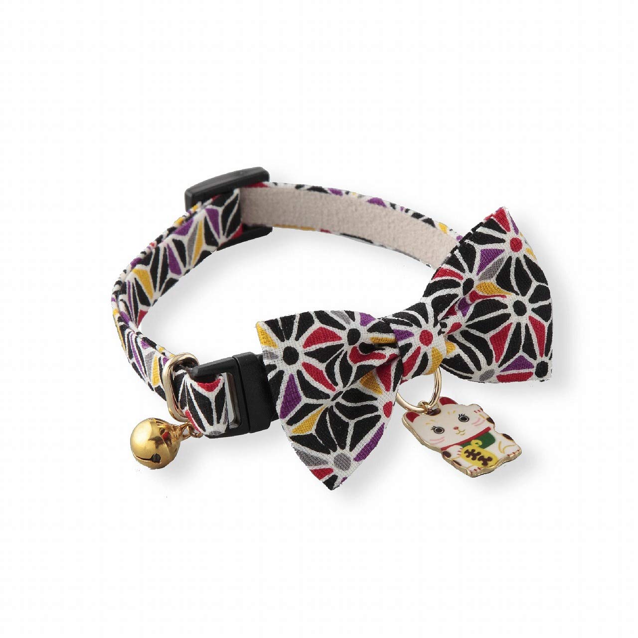 Necoichi Lucky Cat Charm Bow Tie Cat Collar (Black) With Bell Safety Breakaway Soft Lightweight For Cats Kitty Kitten Japanese Stylish Pattern, No.1 Seller In Japan