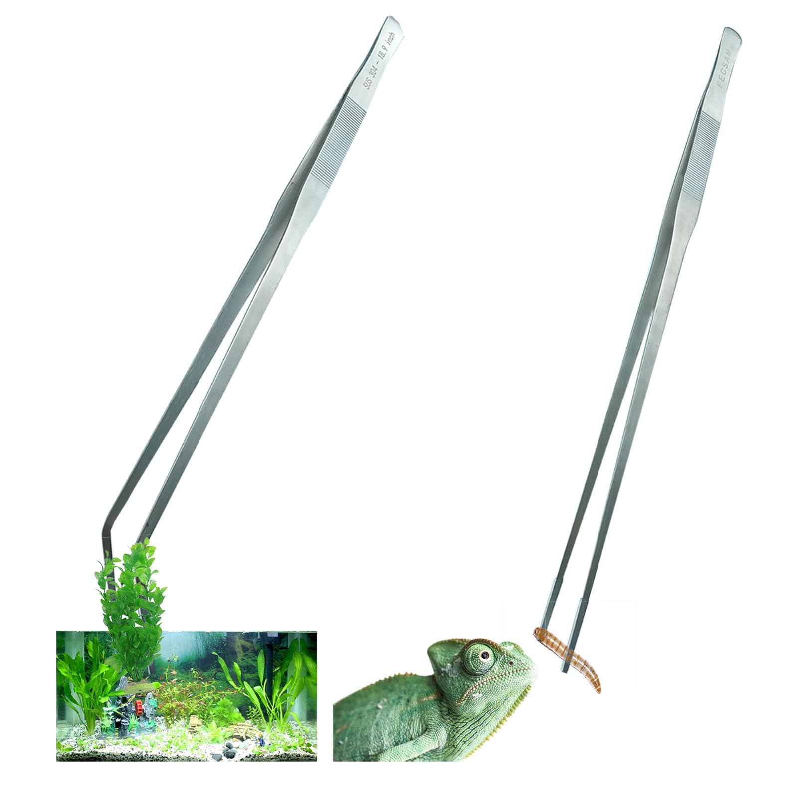 Extra Long Tweezers with Rubber Cover Tips, Fecsam Feeding Tongs - 2 Pack/18.9 inch Aquarium Stainless Steel Large Aquascape Too
