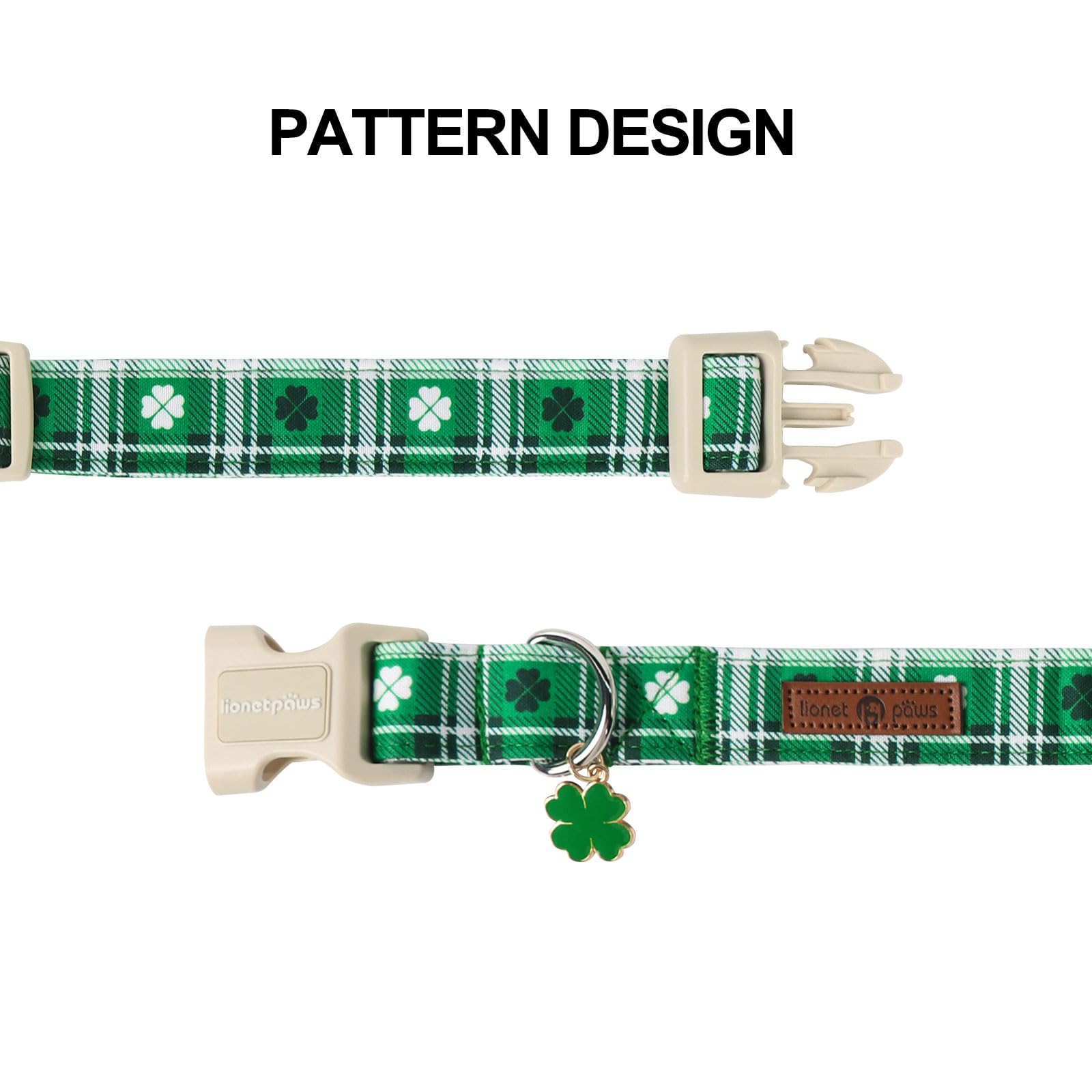 Lionet Paws St. Patrick Dog Collar, Comfortable Adjustable Green Collar With Green Grid Pattern For X-Small Male Female Puppies