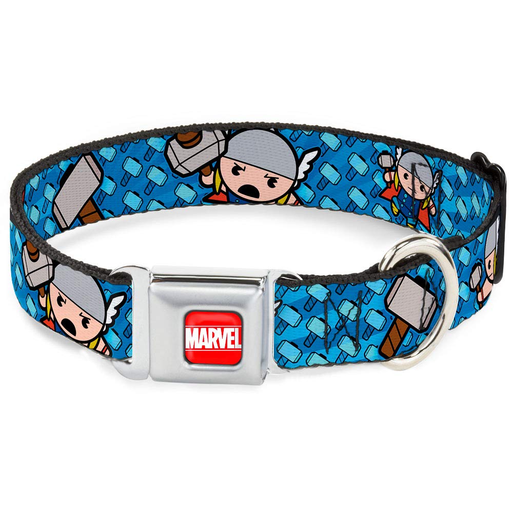 Buckle-Down Dog Collar Seatbelt Buckle Kawaii Thor Poses Hammer Monogram Blues, Multicolor, 1.5' Wide - Fits 18-32' Neck - Lar