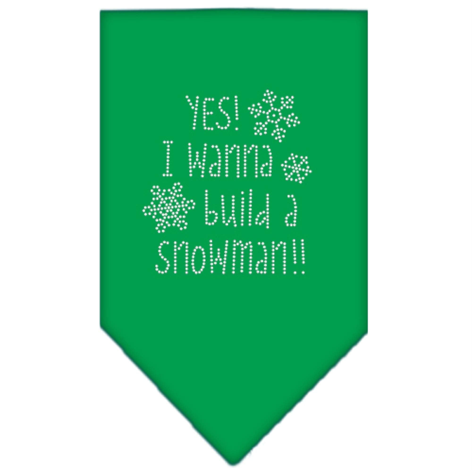 Christmas Pet and Dog Bandana Rhinestone, "Yes! I Want To Build A Snowman" Emerald Green Large