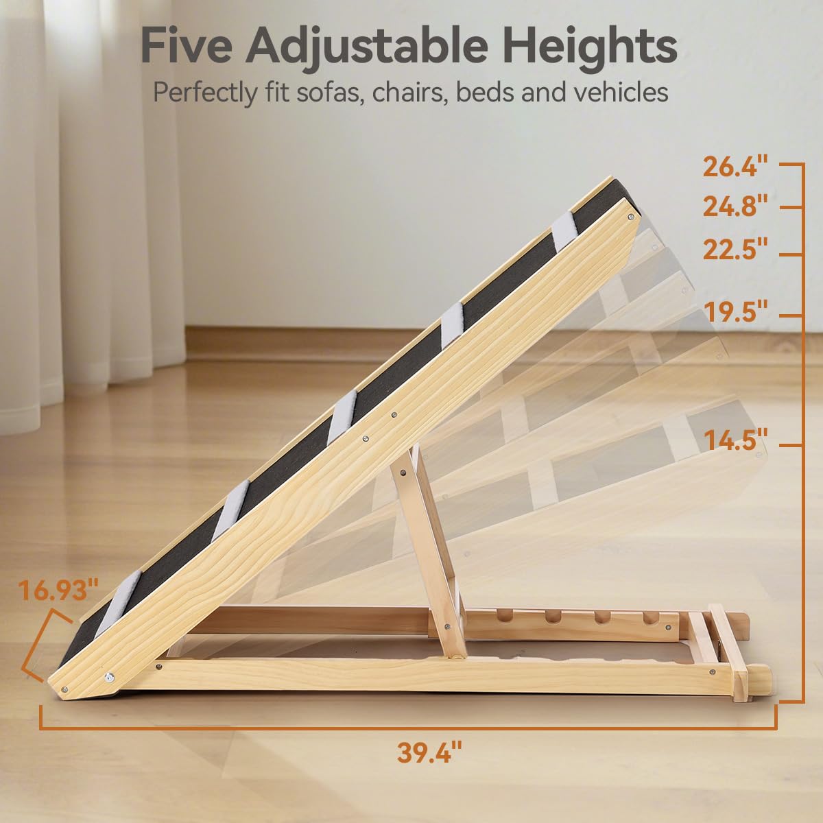 PawGiant Portable Dog Ramp for Bed, 39.4 L x 16.9 W Extra Wide Wooden Pet Ramp for Large Small Dogs, 5 Adjustable Heights from 1