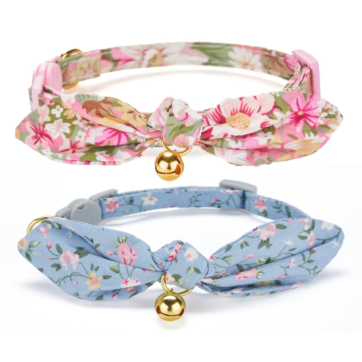 Yudote Cotton Bowtie Cat Collar With Bell 2 Pack Stylish Floral Breakaway Kitten Collars With Removeable Knot Bow,Blue & Pink