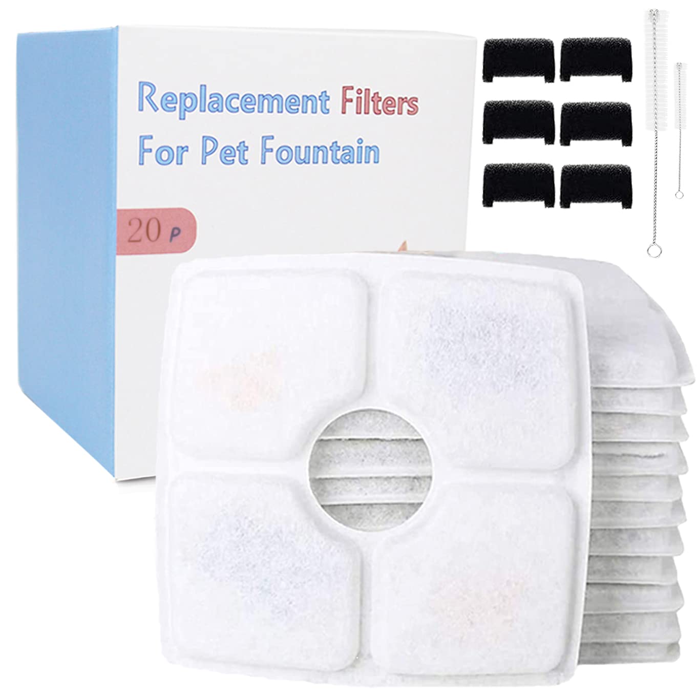 Aroundu Cat Fountain Filter Replacement Set 20 Pcs, Compatible With 84Oz/2.5L Veken And Identical Square Fountain,12 Filter 6 Sponge 2 Brush Included