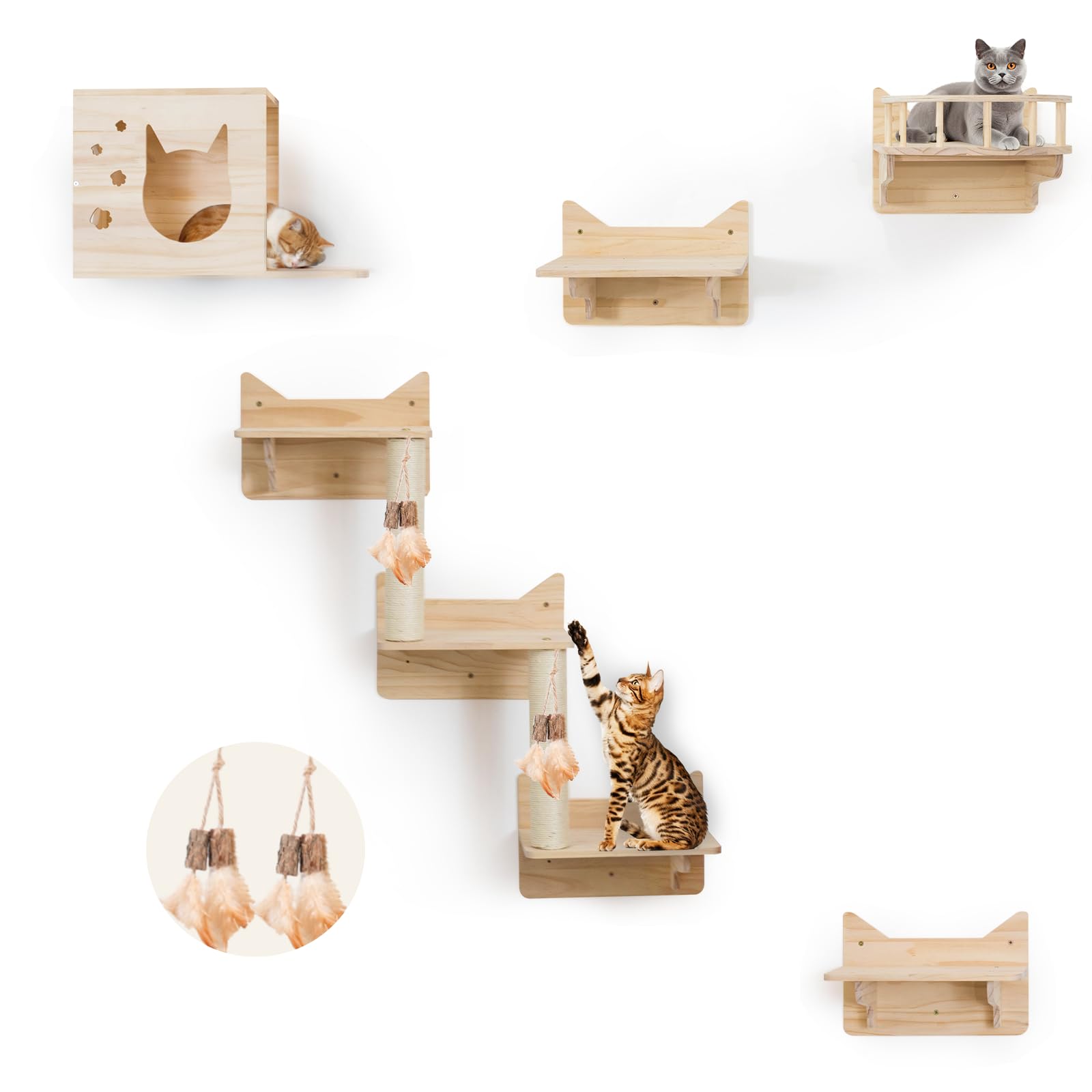 Miuzmore 9-Piece Wall-Mounted Cat Shelves Set, Cat House, Lookout Tower, 2 Sisal Scratching Posts, 5-Step Wall Ladder, 4 Toys, E