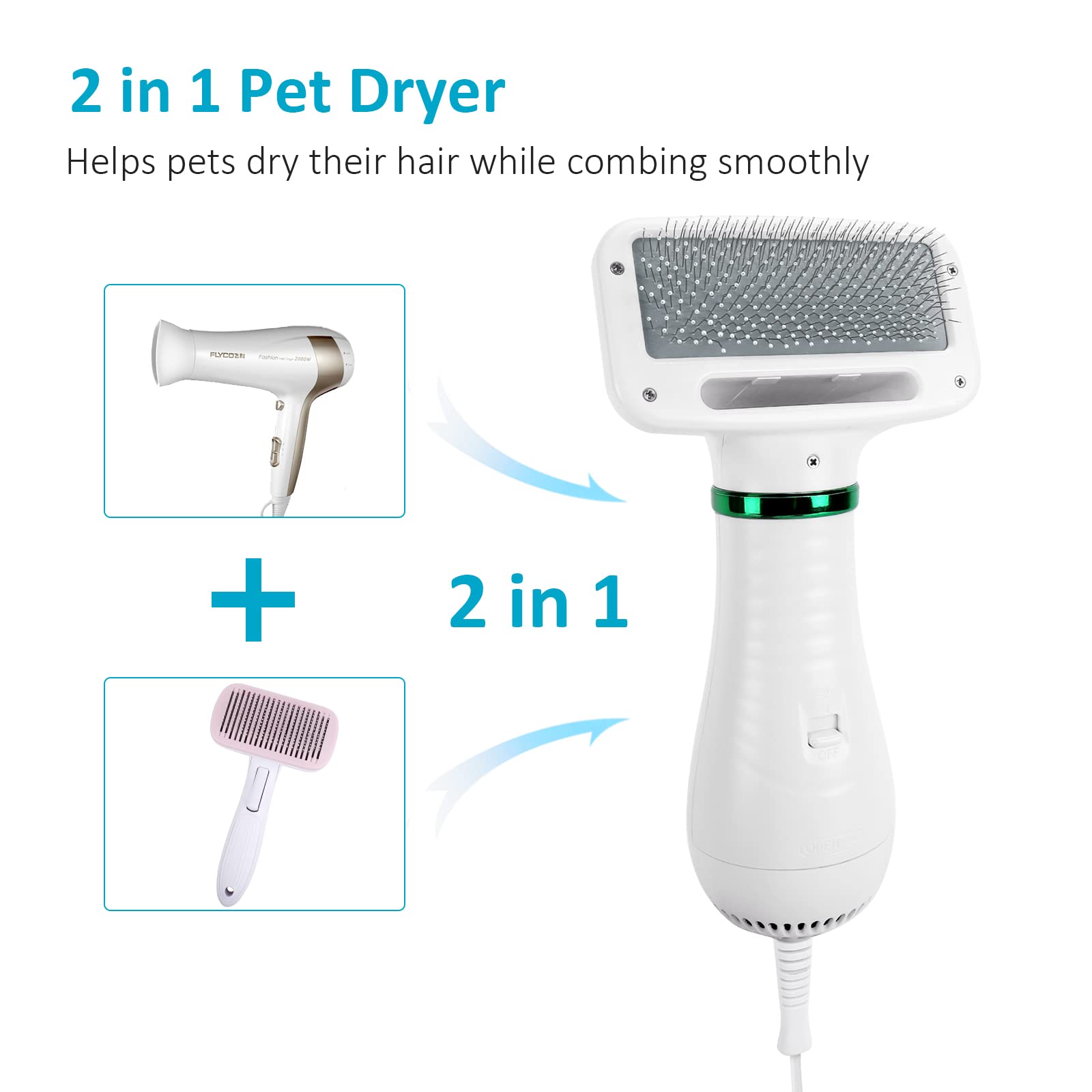 Tekkperry Pet Hair Dryer, 2 In 1 Dog Hair Dryer With Slicker Brush,Dog Blow Dryer With 2 Adjustable Heat Setting Dog Brush For Dog Grooming Small Medium Dogs Cats