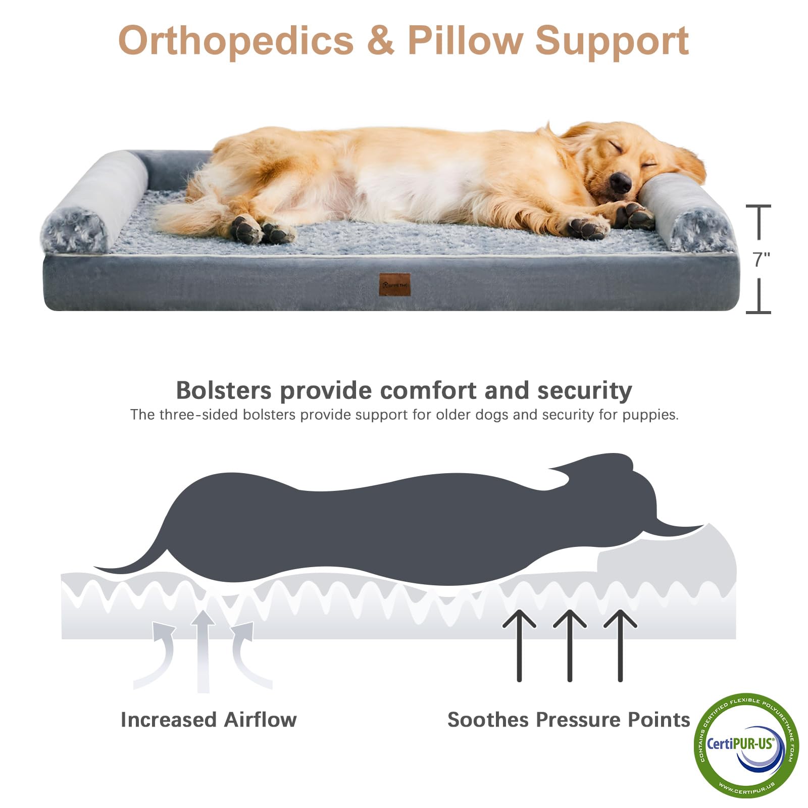Bfpethome Dog Beds For Large Dogs, Orthopedic Dog Bed For Medium Large Dogs, Egg- Foam Dog Crate Bed (Xl(42 * 30 * 7) Inch, Grey